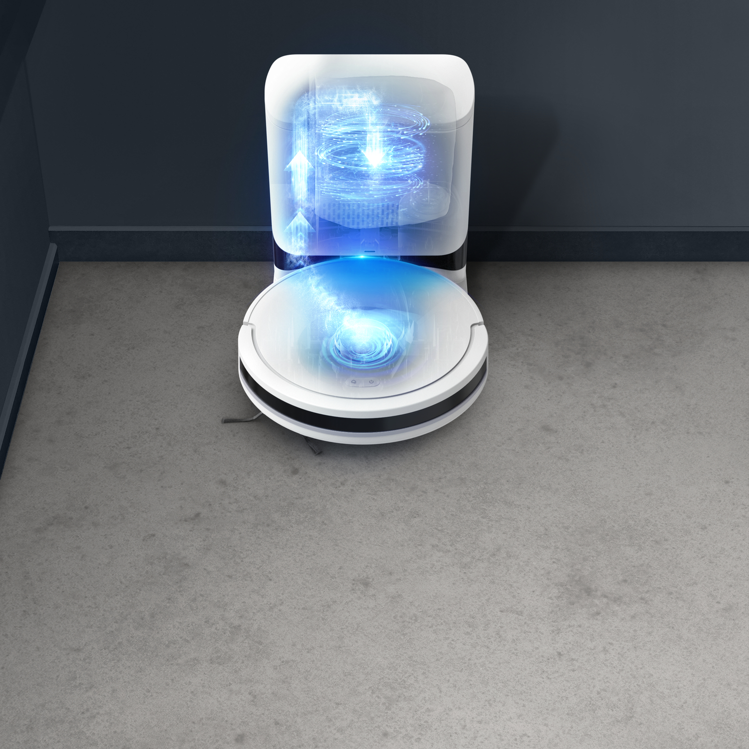 A robotic vacuum cleaner and its charging station, both with glowing blue light.