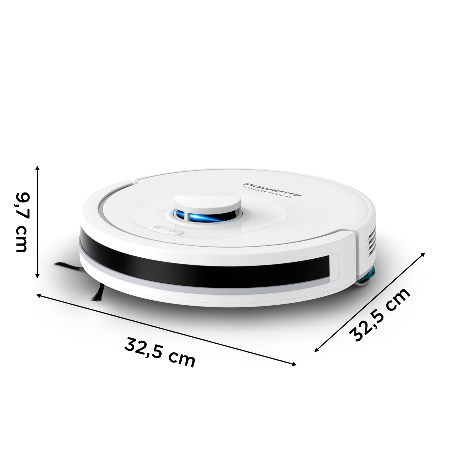 A white, round robot vacuum cleaner with dimensions and arrows.