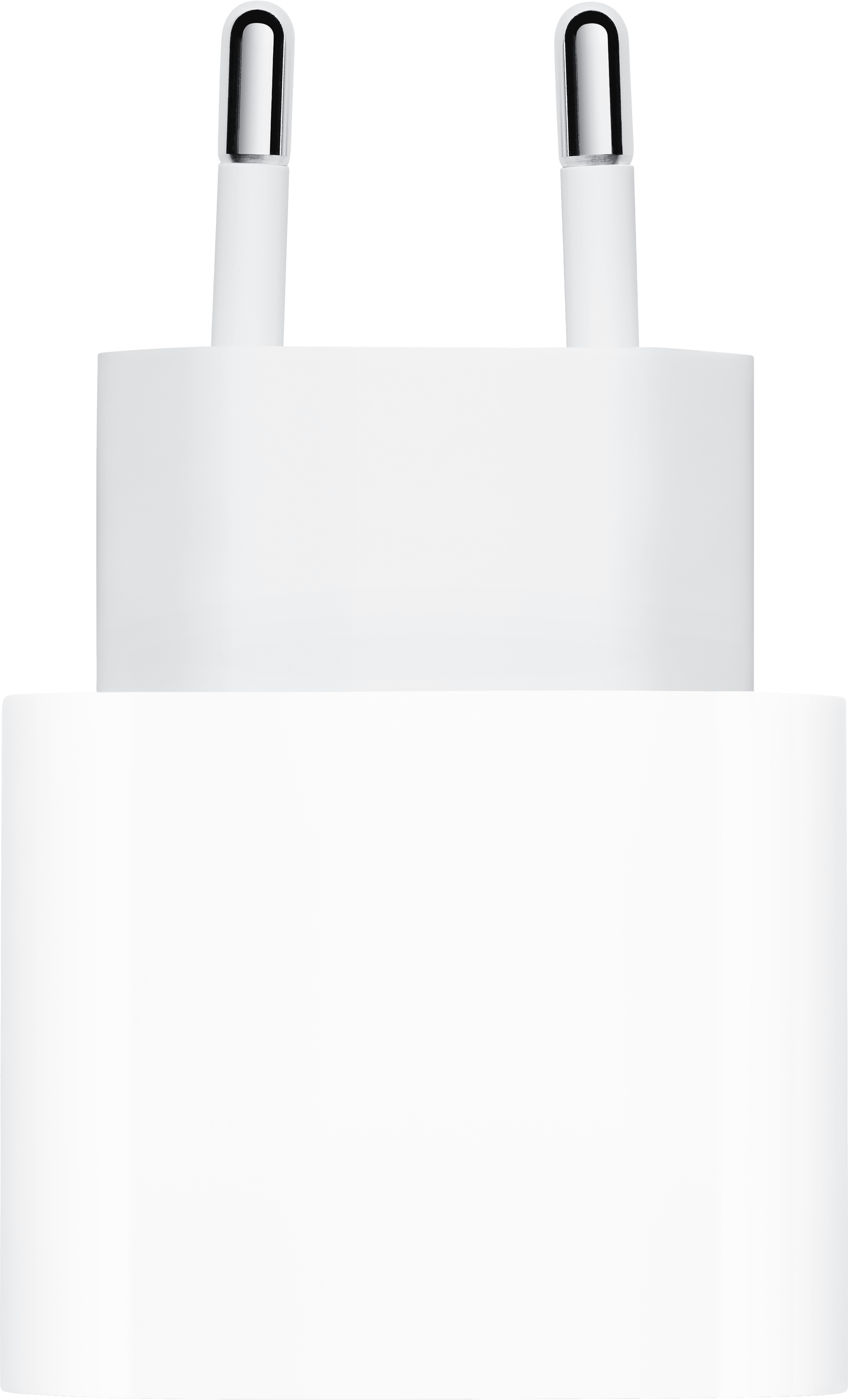 Weißes Apple-Ladegerät mit zwei silbernen Stiften. Weißer Körper mit rechteckiger Form.