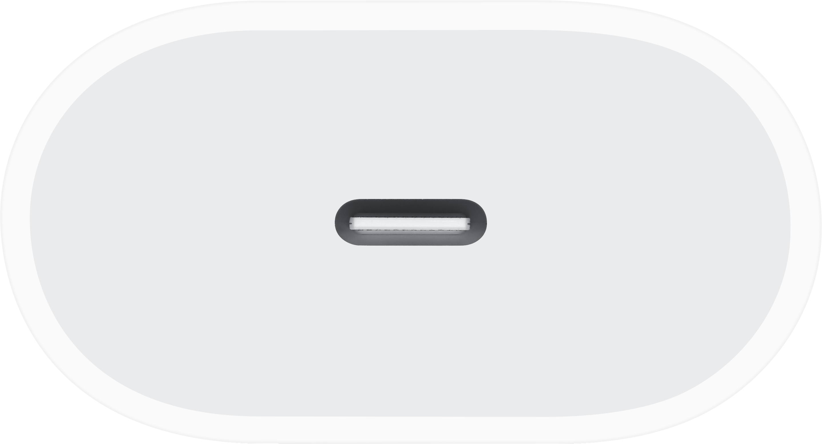 Ein weißer USB-C-Anschluss. Er ist oval geformt mit einer kleinen, rechteckigen Öffnung in der Mitte.