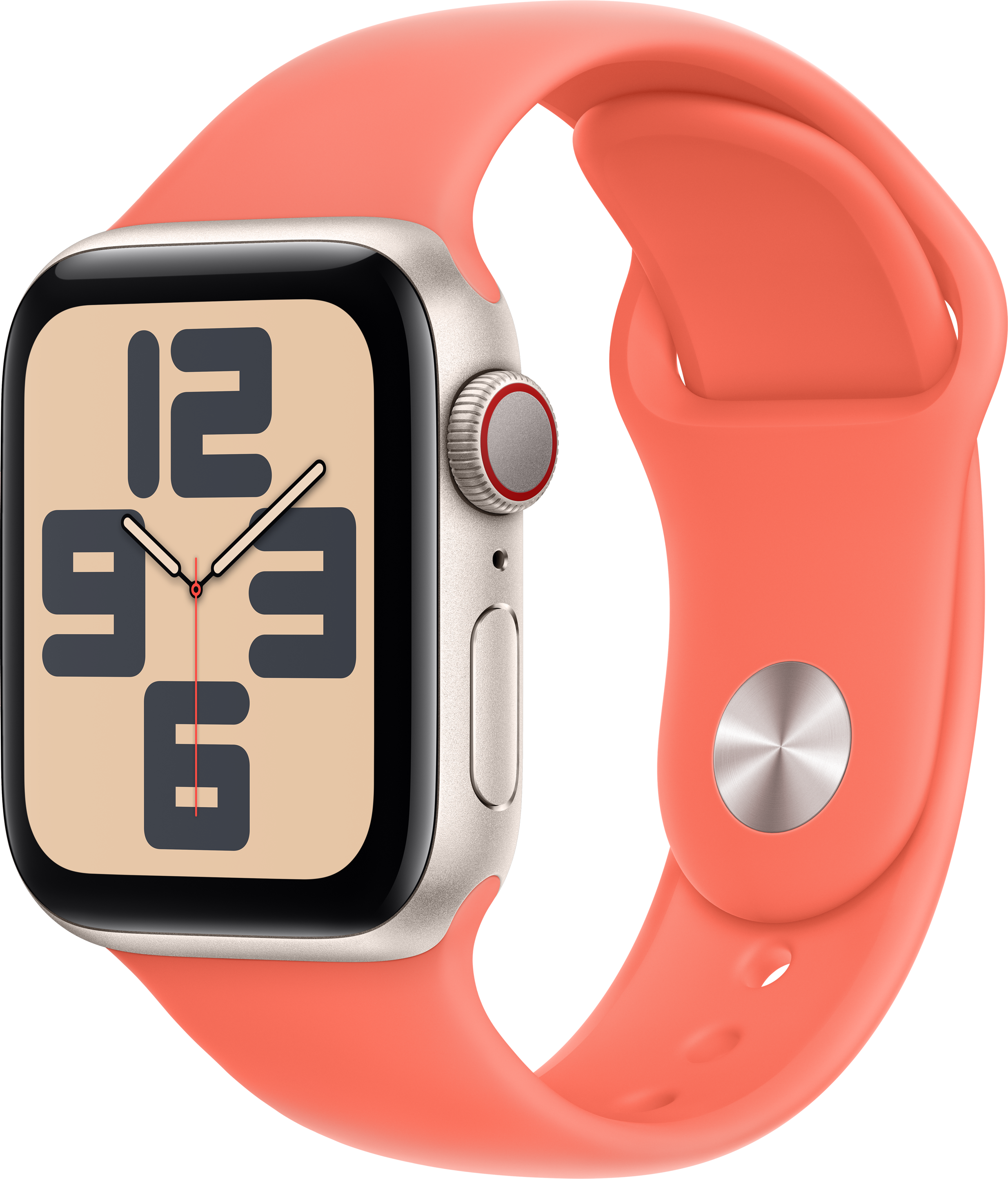 Silberne Apple Watch mit orangefarbenem Armband.