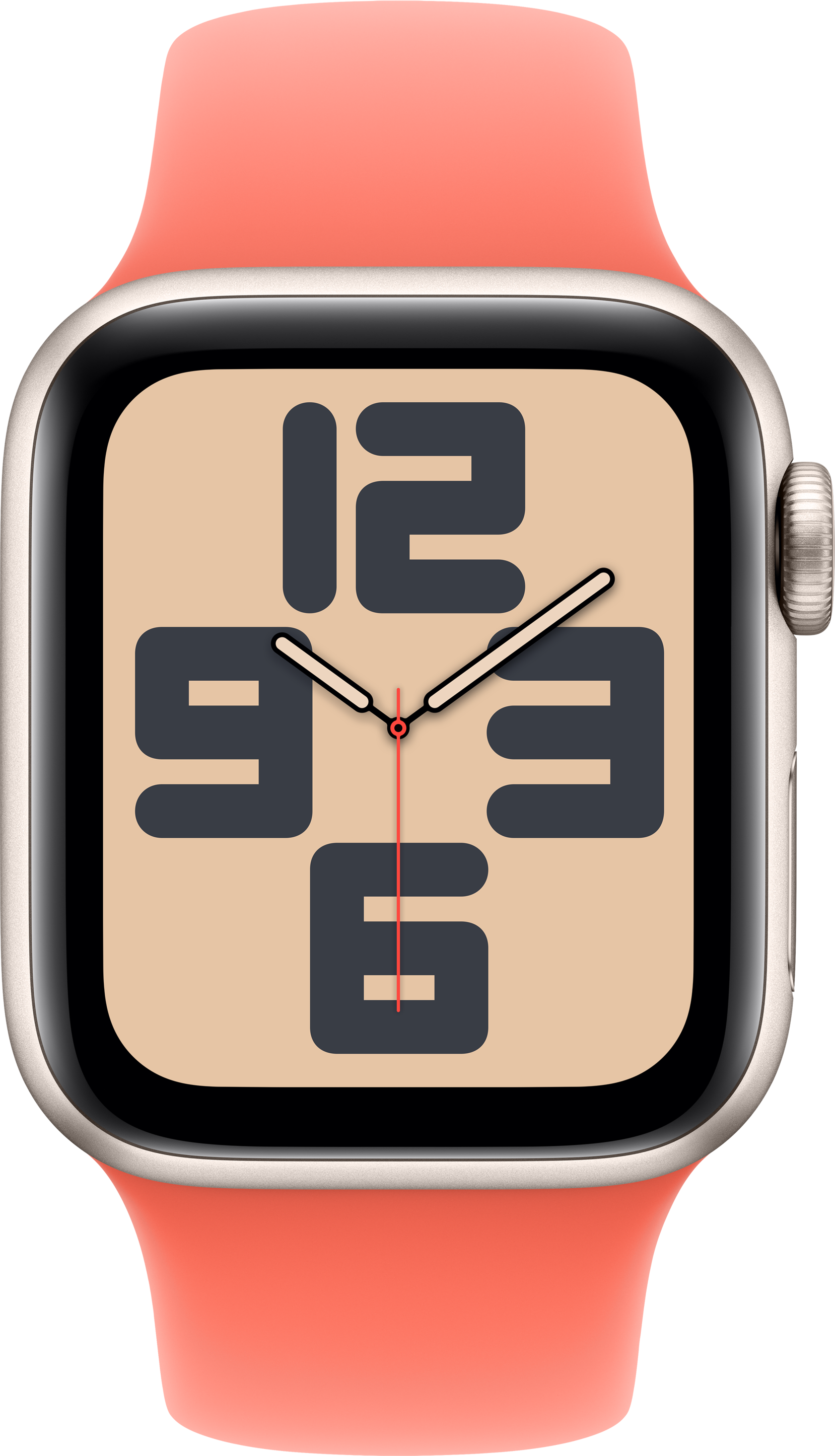 Apple Watch mit rotem Armband, das eine Digitaluhr zeigt.