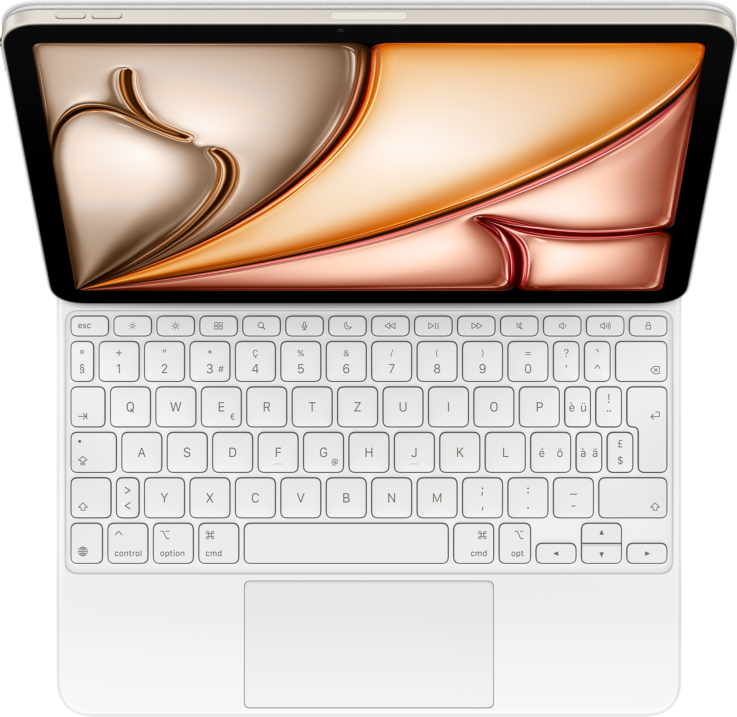 Tastiera del laptop con schermo aperto, che mostra il design interno. Sfondo nero.