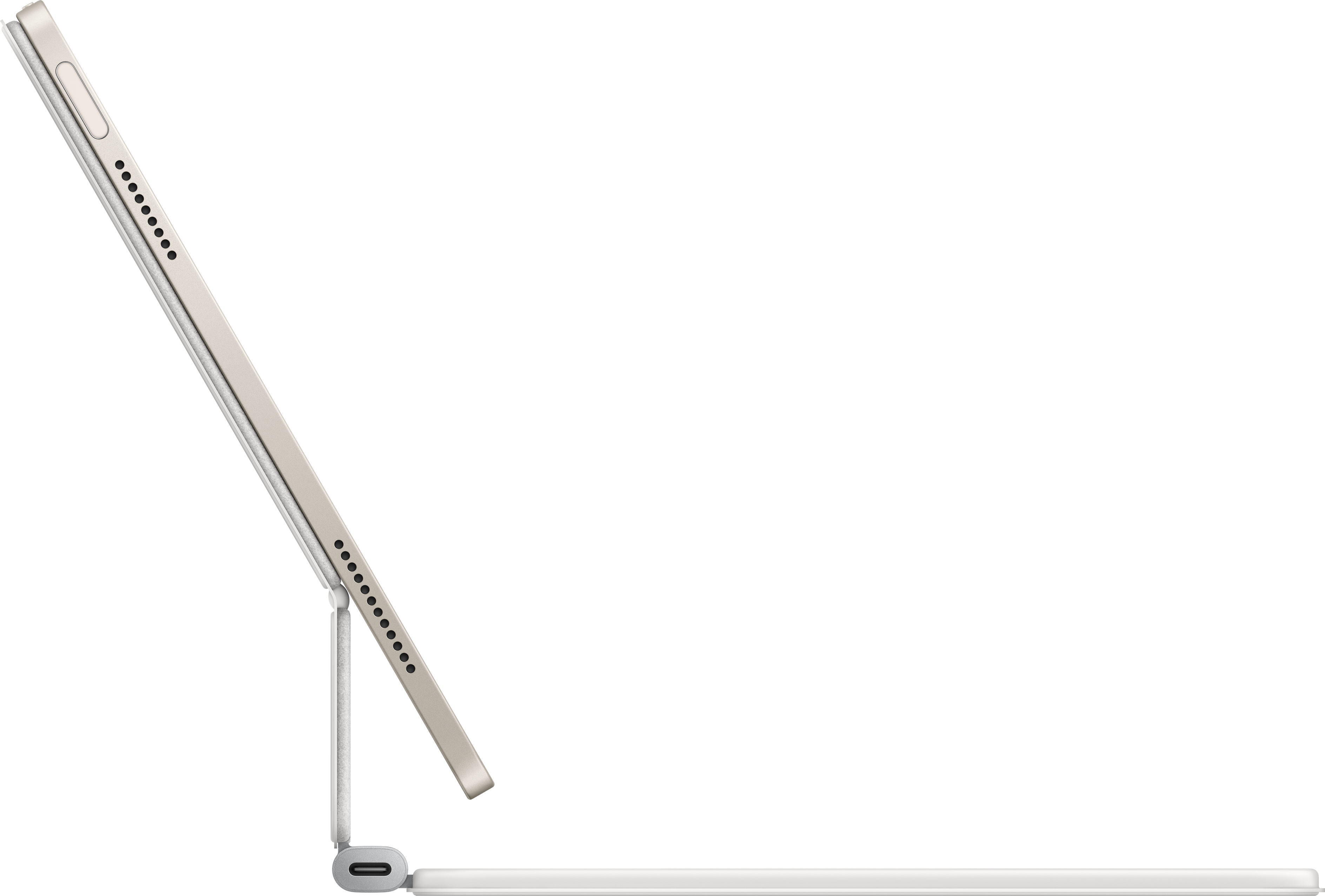 Vista laterale di un tablet argentato con tastiera bianca e stilo bianco.