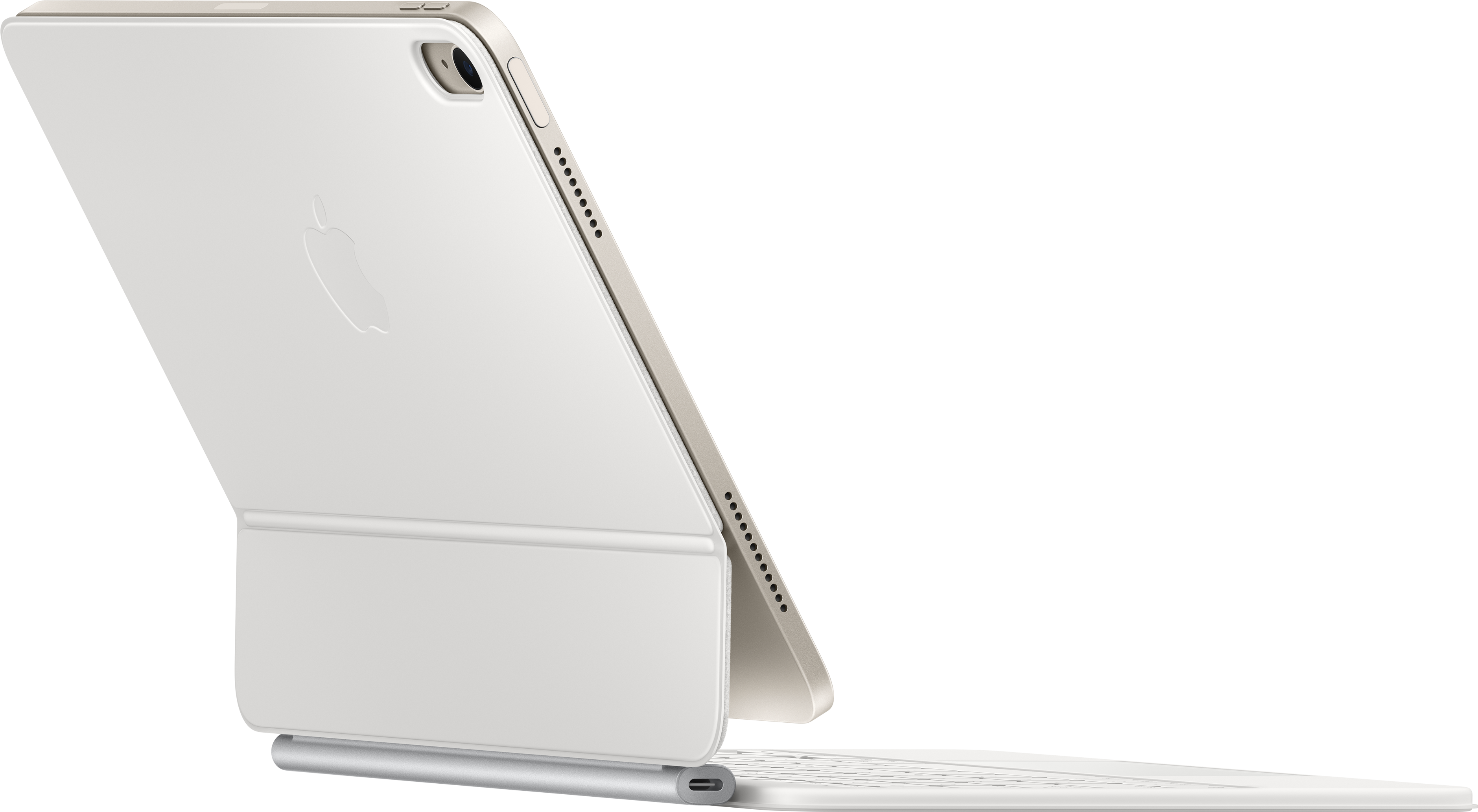 Un iPad con una cover bianca e beige, angolato, che mostra il suo lato con gli altoparlanti.