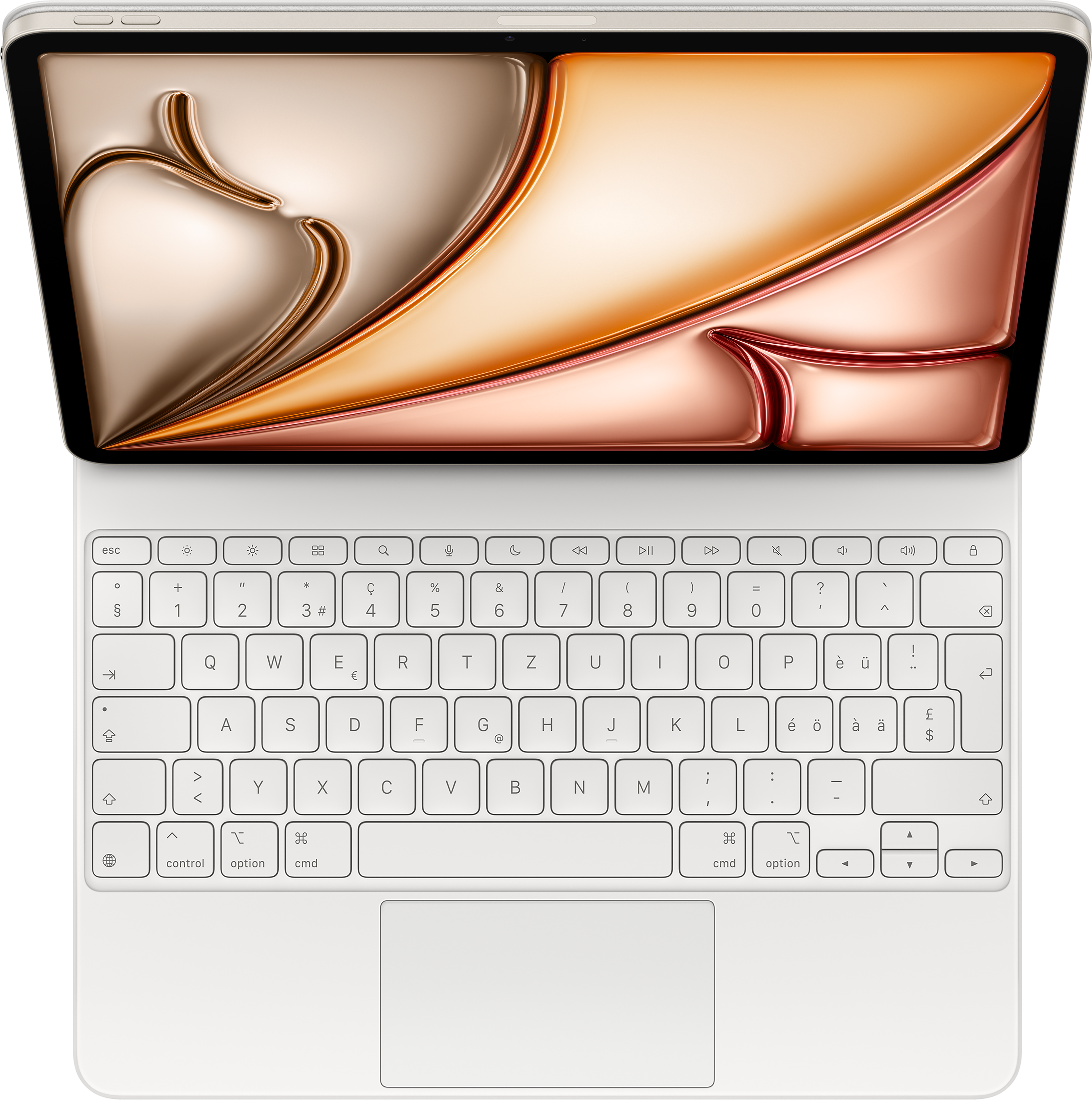 Tastiera del laptop con schermo collegato. Lo schermo è aperto, che mostra un design astratto e colorato. La tastiera è bianca.