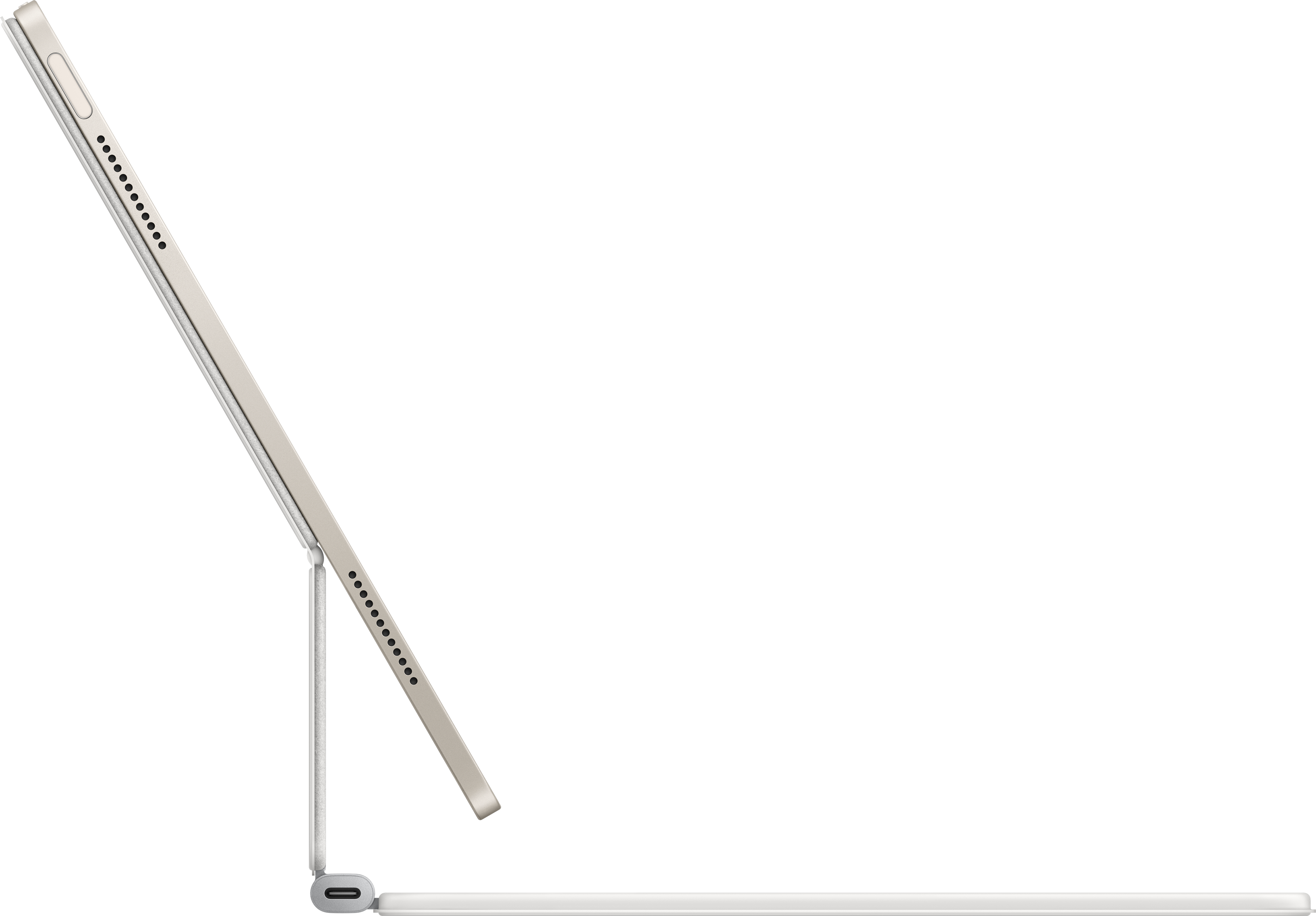 Un iPad con una cover con tastiera, angolato per mostrare il lato e il fondo con una matita attaccata.