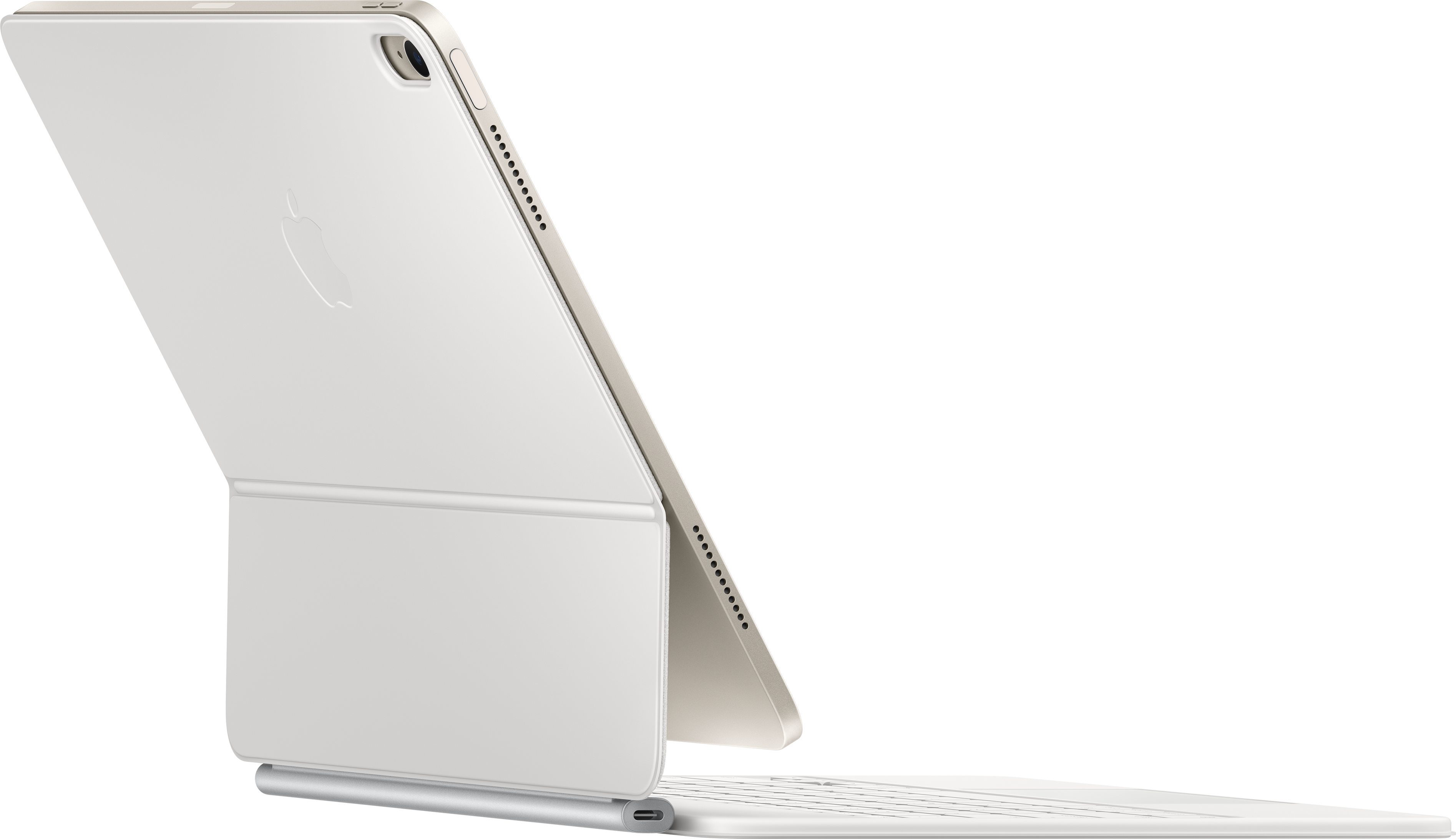 iPad Pro bianco con custodia tastiera, leggermente aperto, logo Apple visibile.