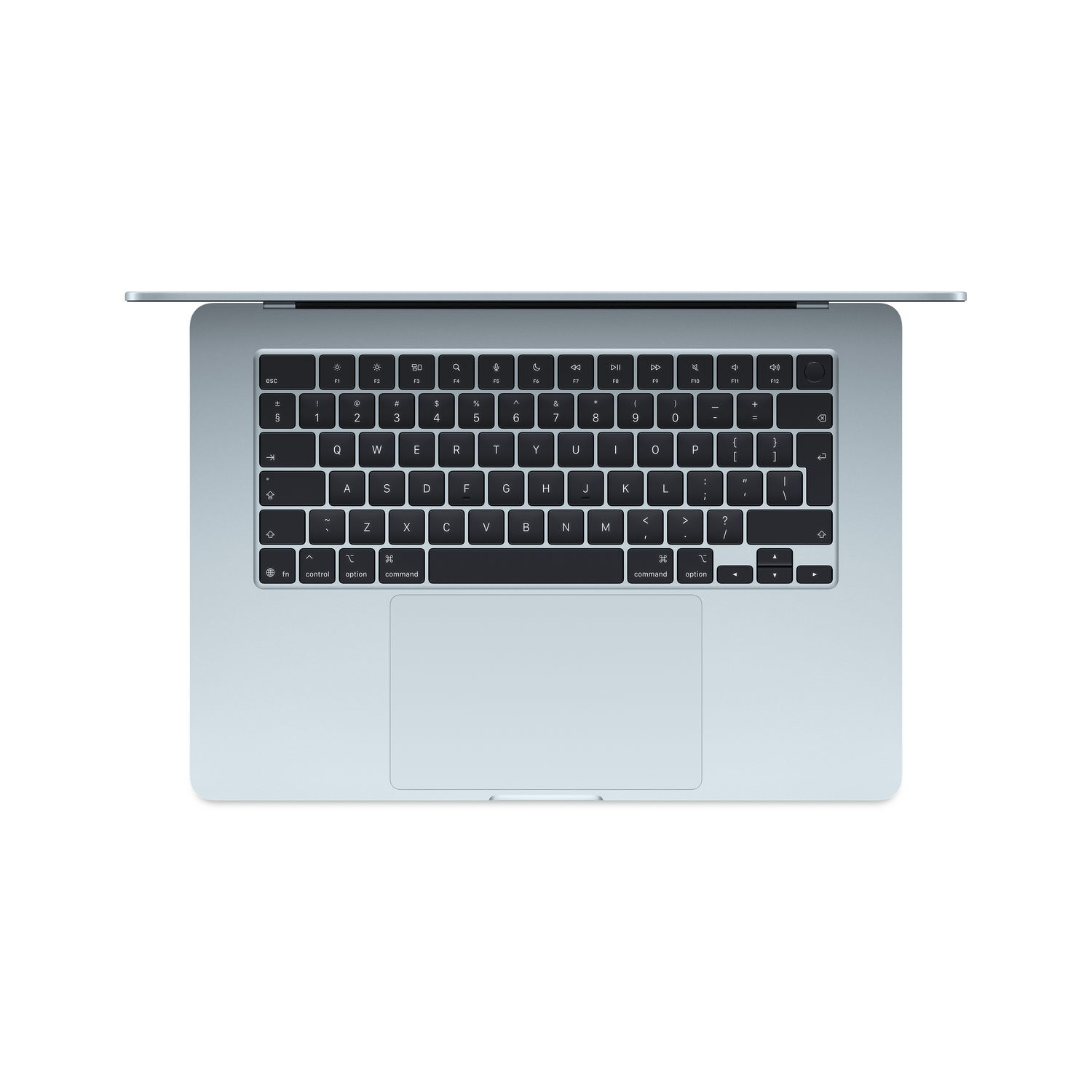 Een laptop met het scherm open. Het toetsenbord is van bovenaf zichtbaar. Zilver van kleur.