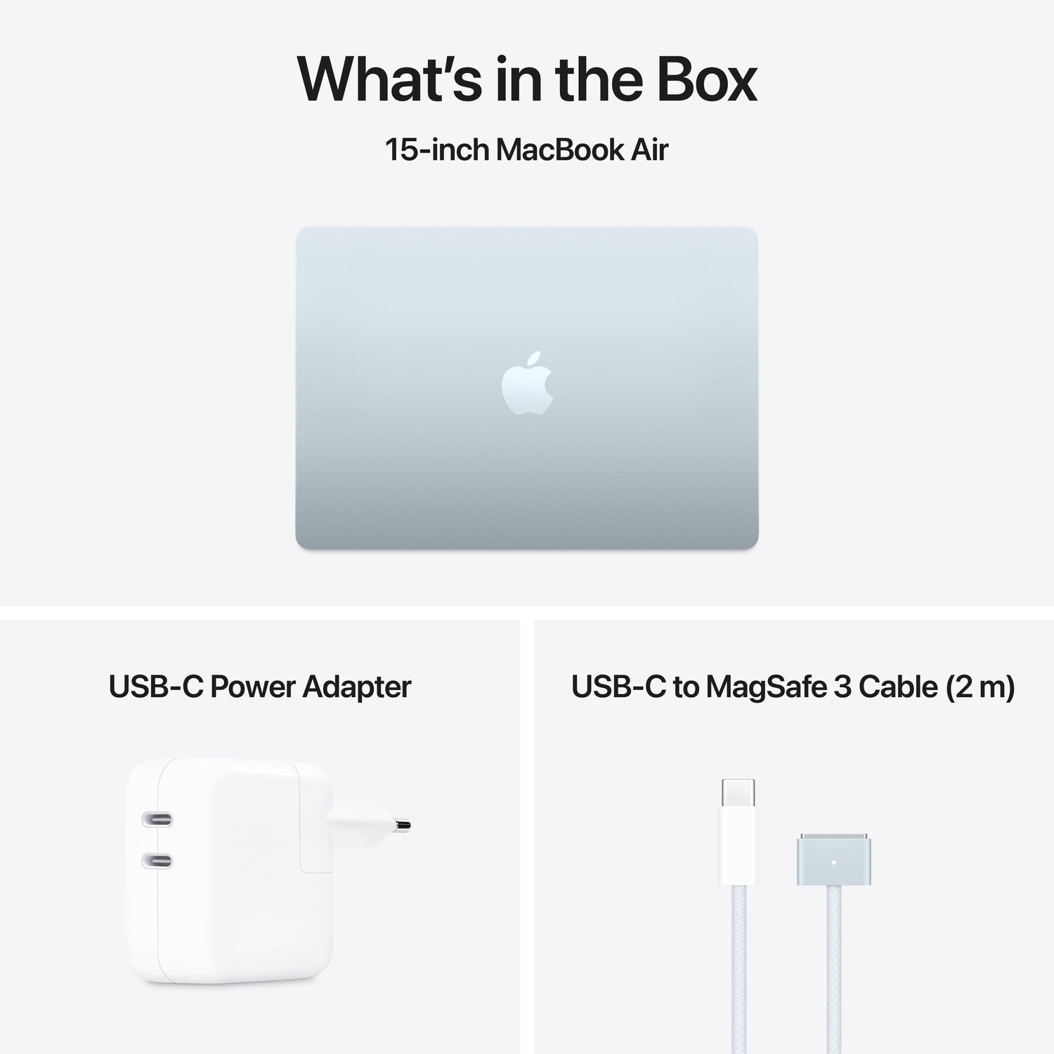 Afbeelding toont een MacBook Air, USB-C voedingsadapter en USB-C naar MagSafe kabel.