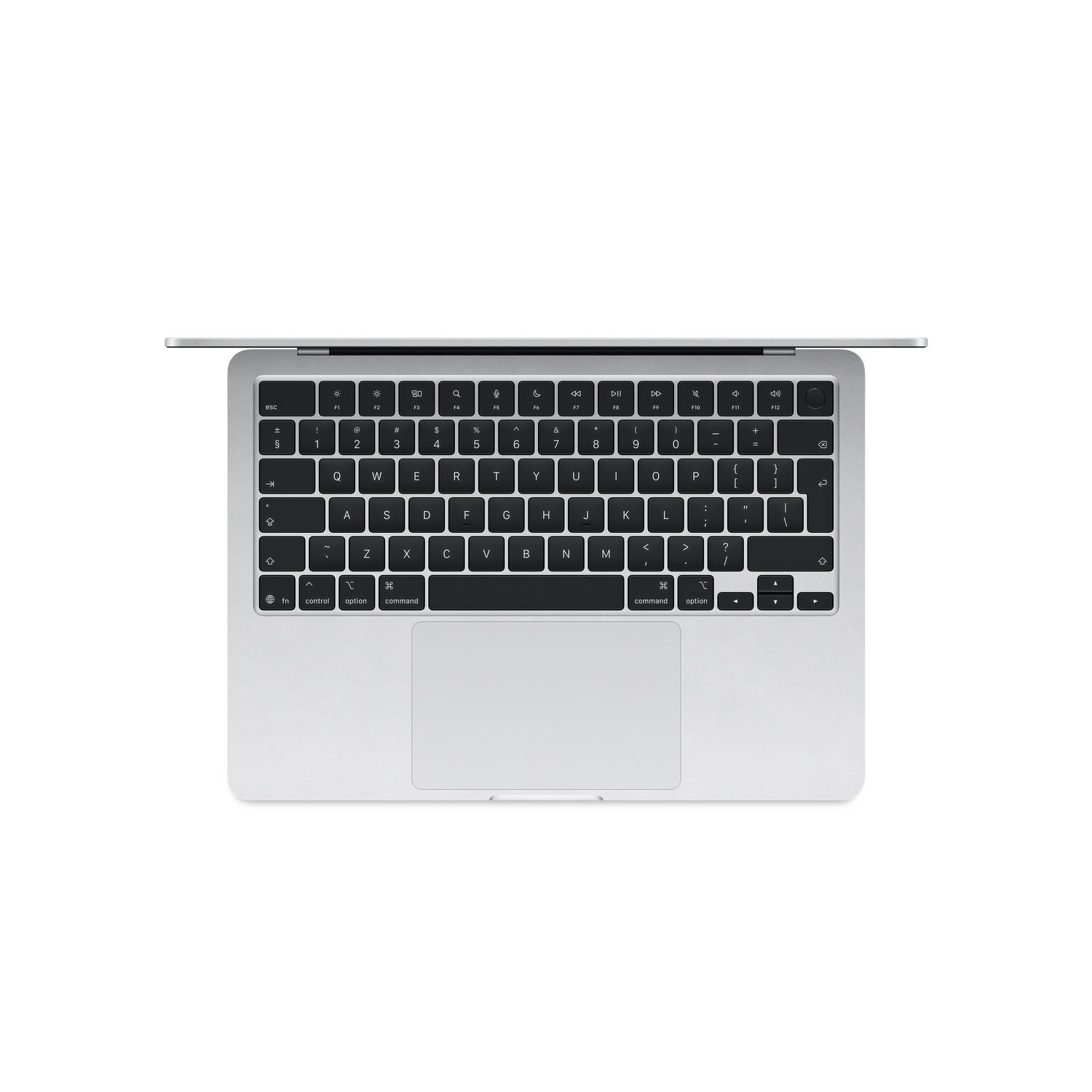 Top-down view of a silver laptop on a white background.