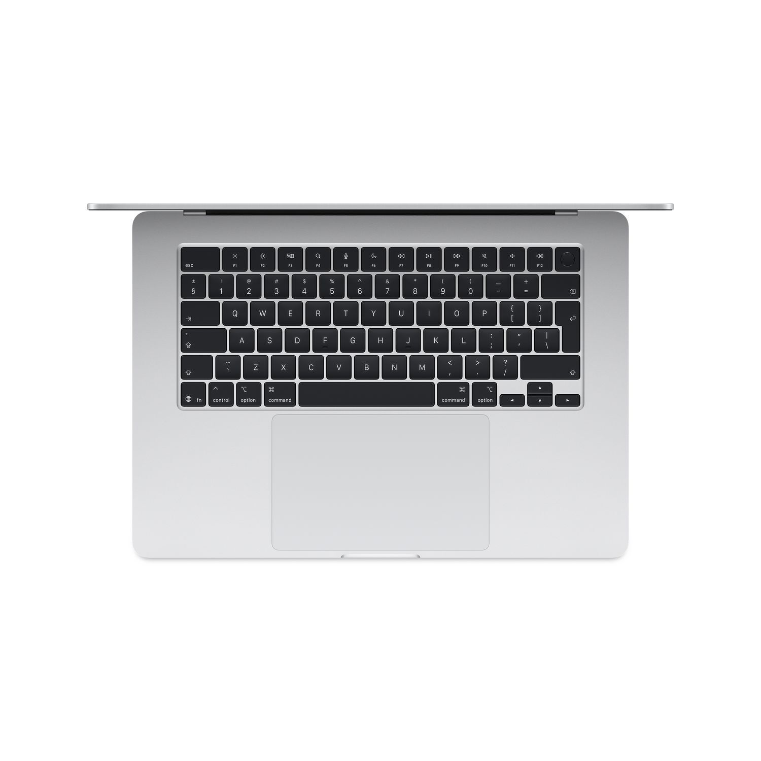 Een zilveren laptop met een toetsenbord en trackpad, van bovenaf gezien op een witte achtergrond.