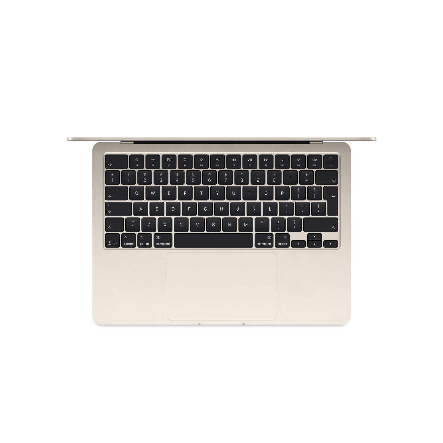 Een laptoptoetsenbord met een beige basis en zwarte toetsen, bovenaanzicht.