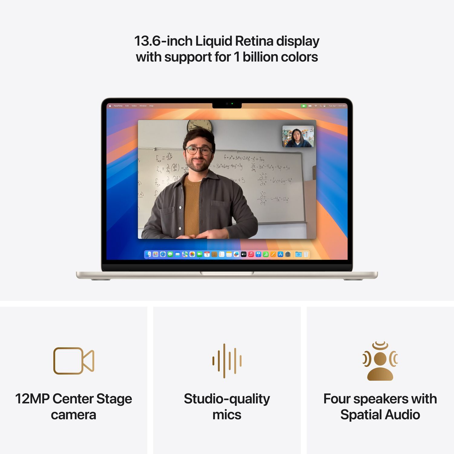 Laptopscherm met een videogesprek. Hieronder 3 iconen: camera, microfoons en luidsprekers. Tekst.