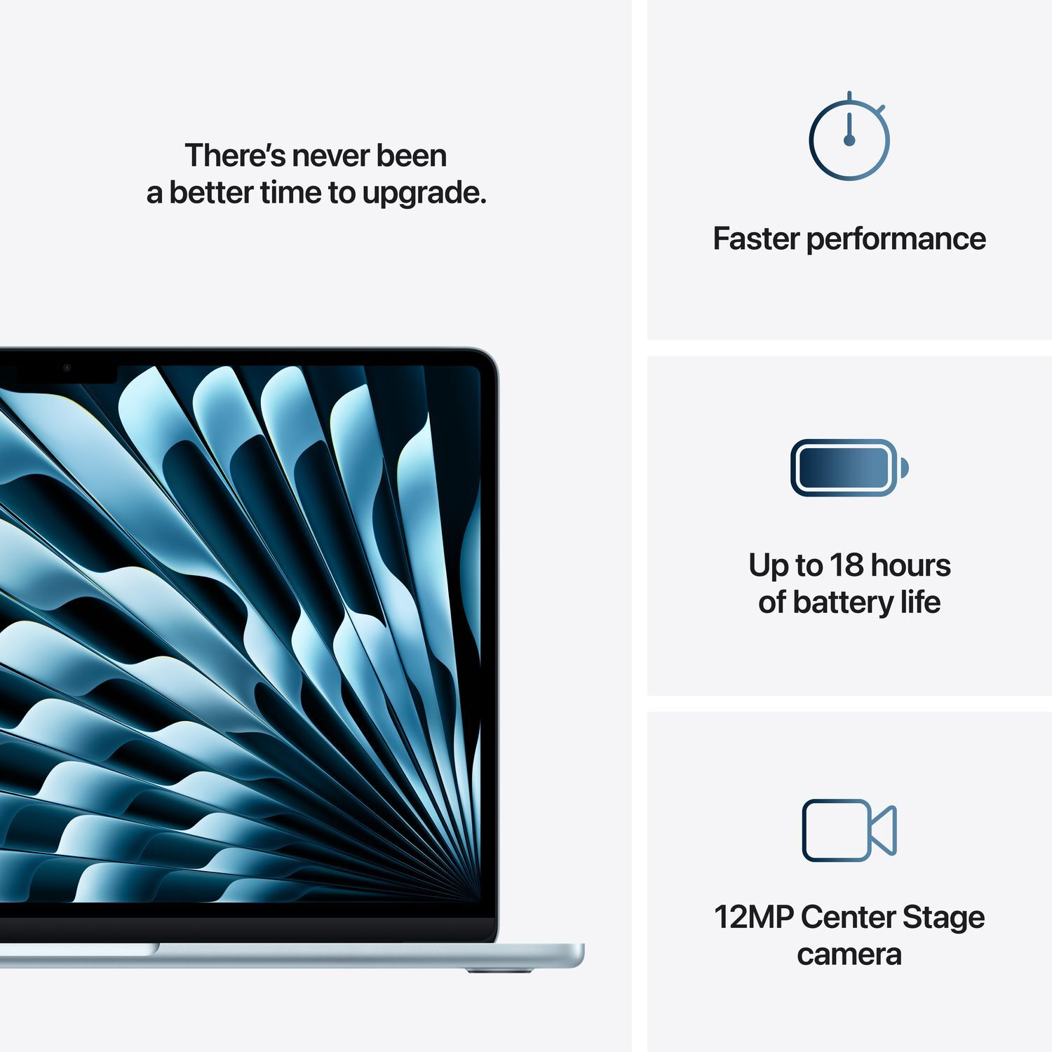Laptop screen showing abstract blue pattern, with icons for performance, battery life, and camera.