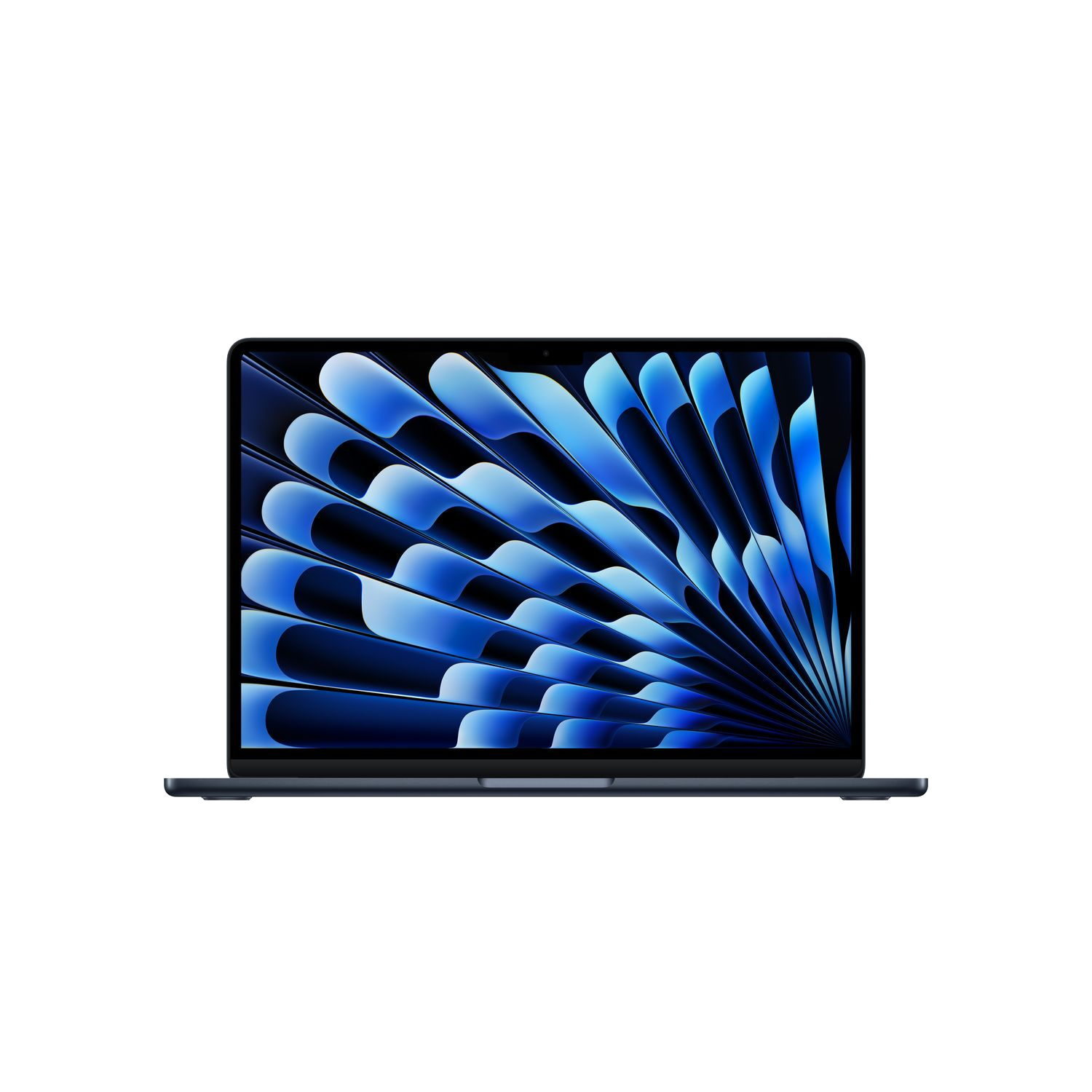 Laptop met blauw scherm. Donkergrijze behuizing. Scherm toont blauw abstract patroon.