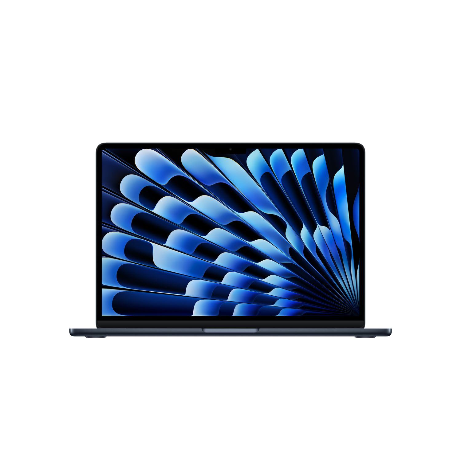 Laptop, blauw scherm. Blauw en wit waaierpatroon op het scherm. Donkerblauwe behuizing, zwarte achtergrond.