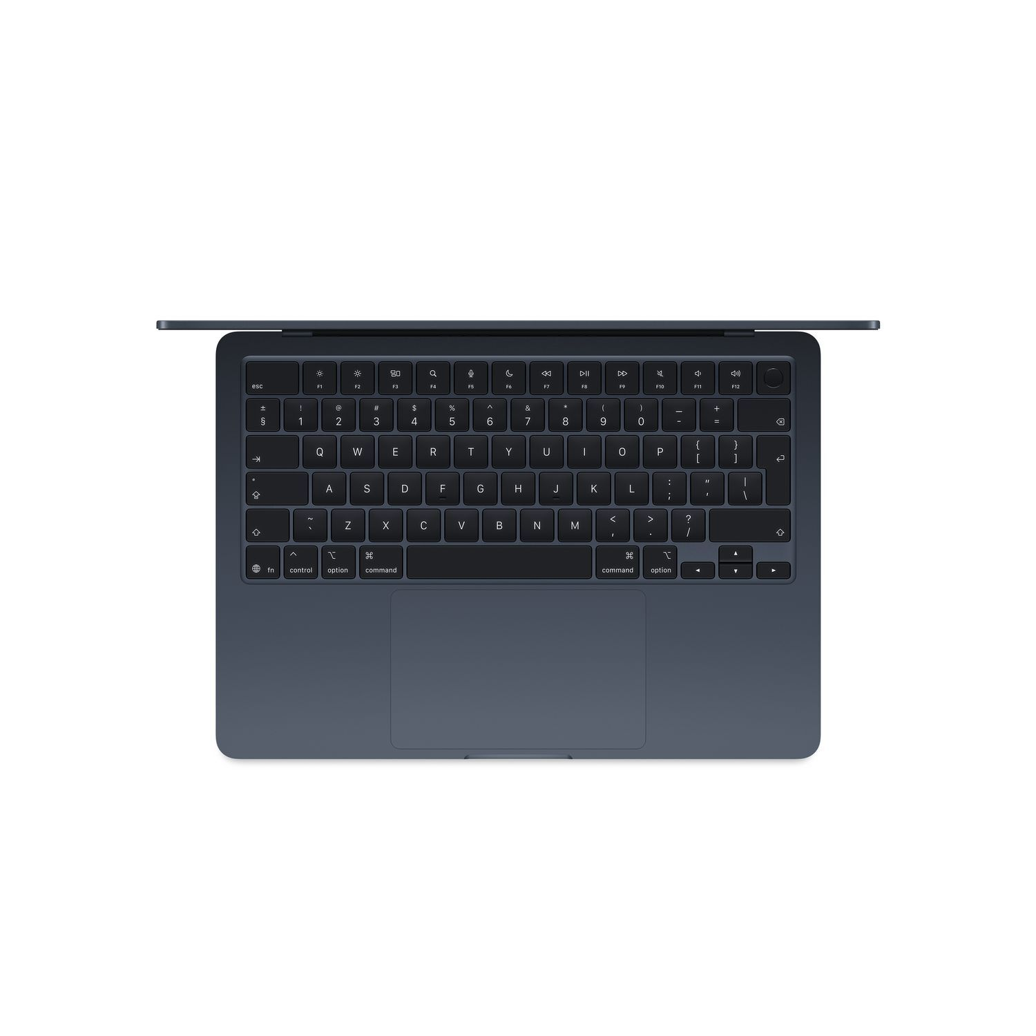 Dark blue laptop keyboard with keys and a trackpad, top view.