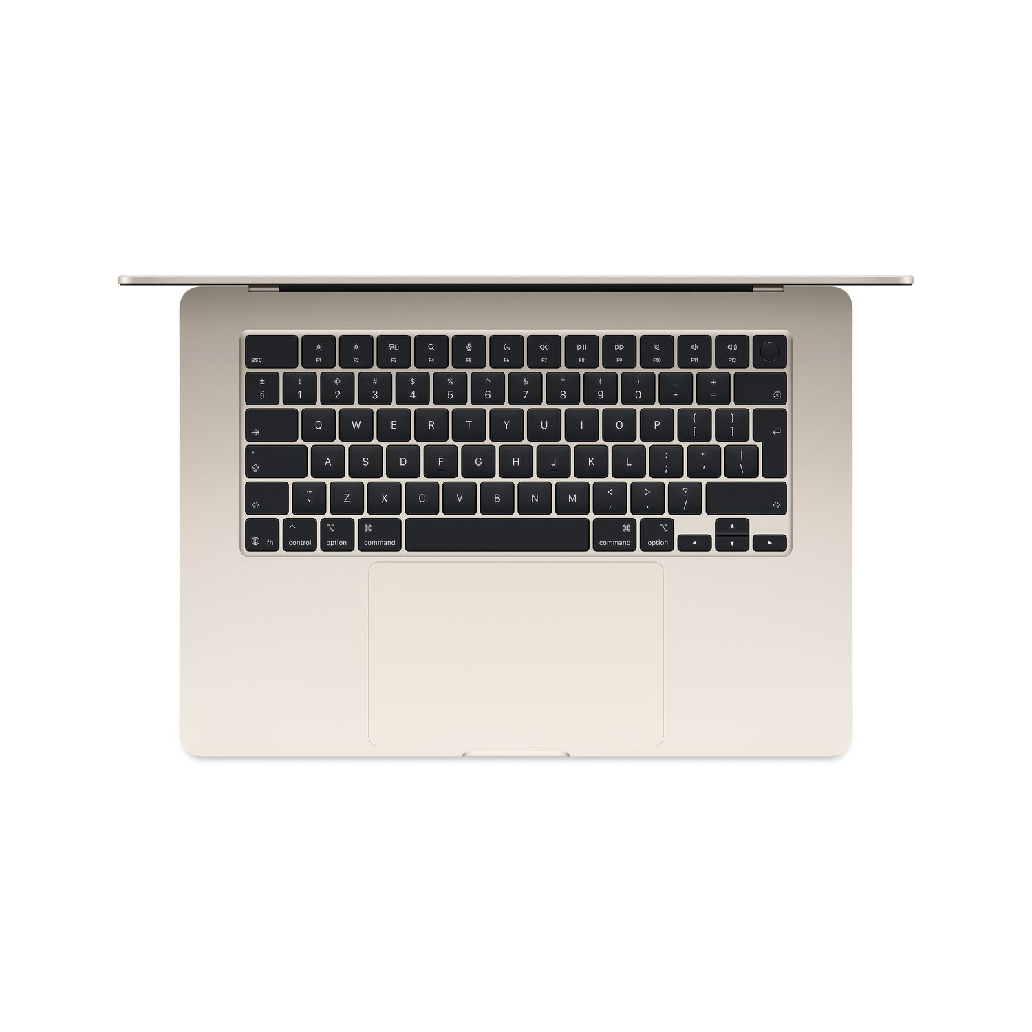 Laptoptoetsenbord van bovenaf, beige kleur, witte achtergrond.