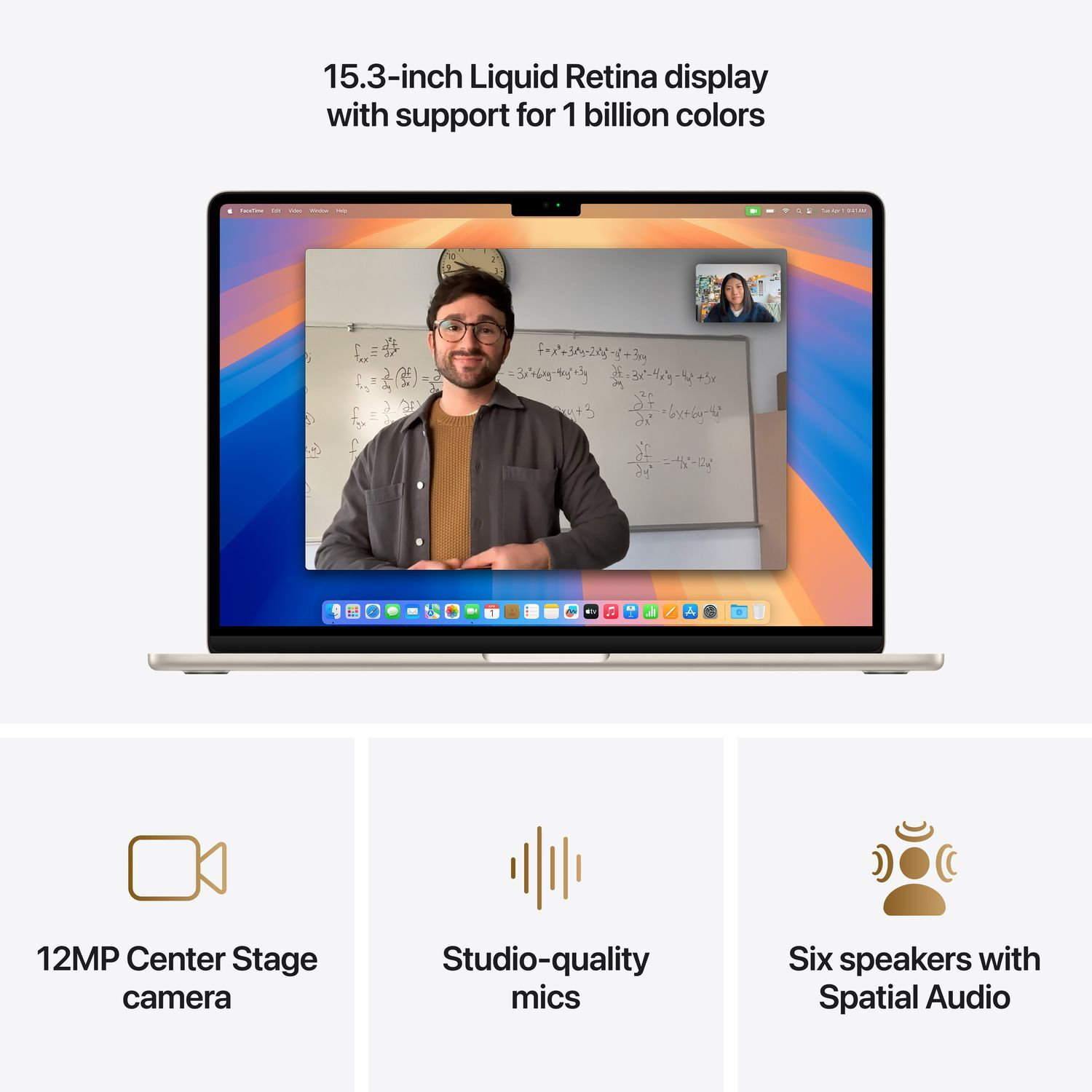 Laptop met 15,3-inch Liquid Retina-scherm, 12MP camera, studiomicrofoons en zes luidsprekers.
