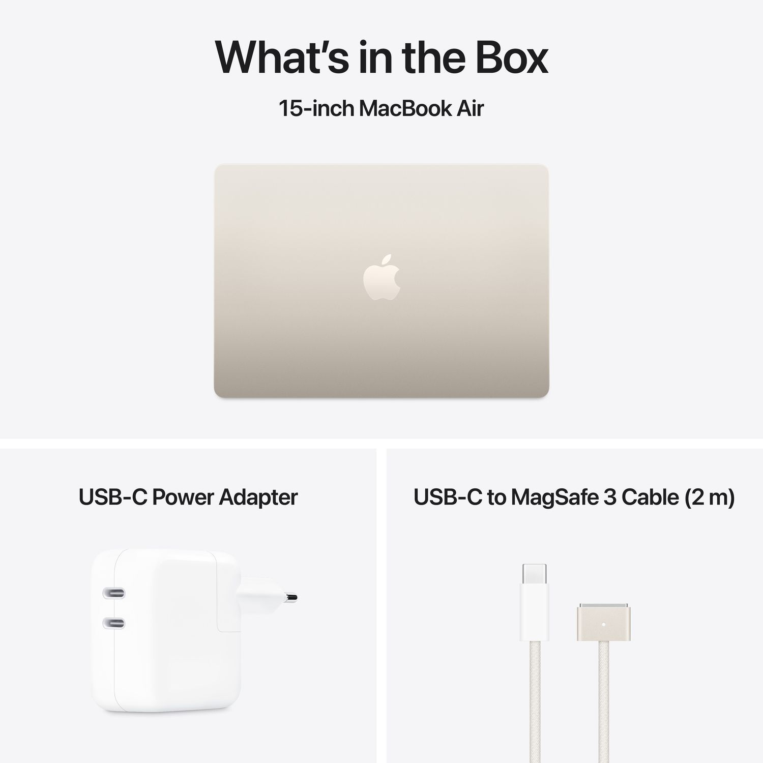 Inhoud van de doos: MacBook Air, voedingsadapter en USB-C naar MagSafe kabel, alles op wit.