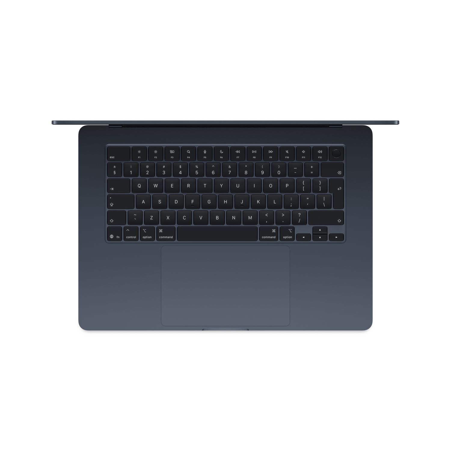 Laptoptoetsenbord, bovenaanzicht. Donkergrijze kleur. Witte achtergrond. Het scherm is gesloten.