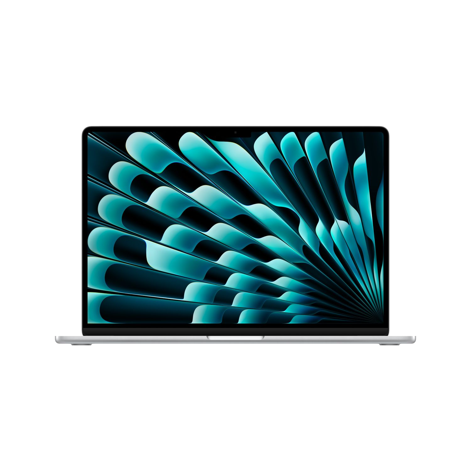 Zilveren laptop met een turquoise en blauw patroon op een zwarte achtergrond.