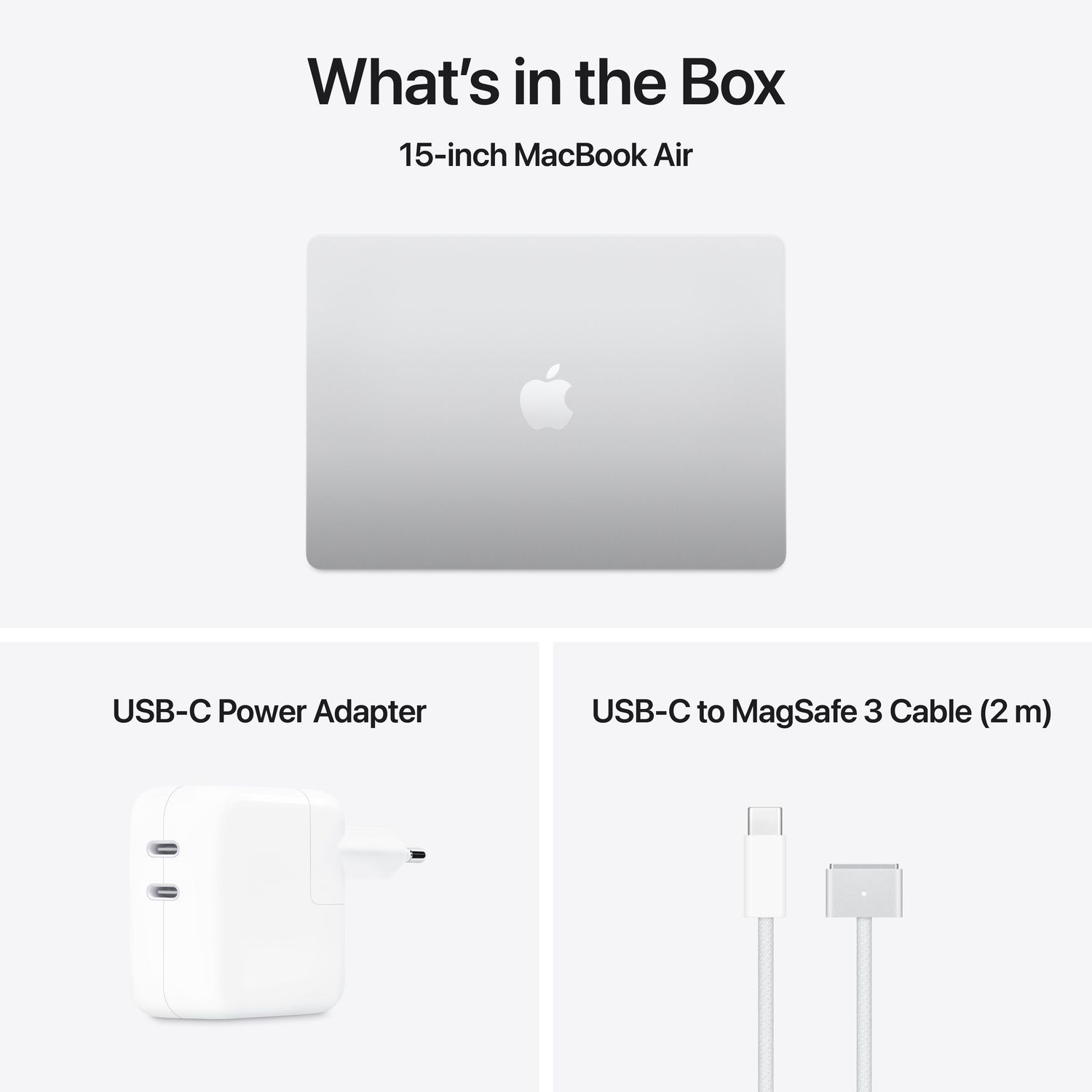 Een MacBook Air, een voedingsadapter en een USB-C-kabel worden getoond op een witte achtergrond.