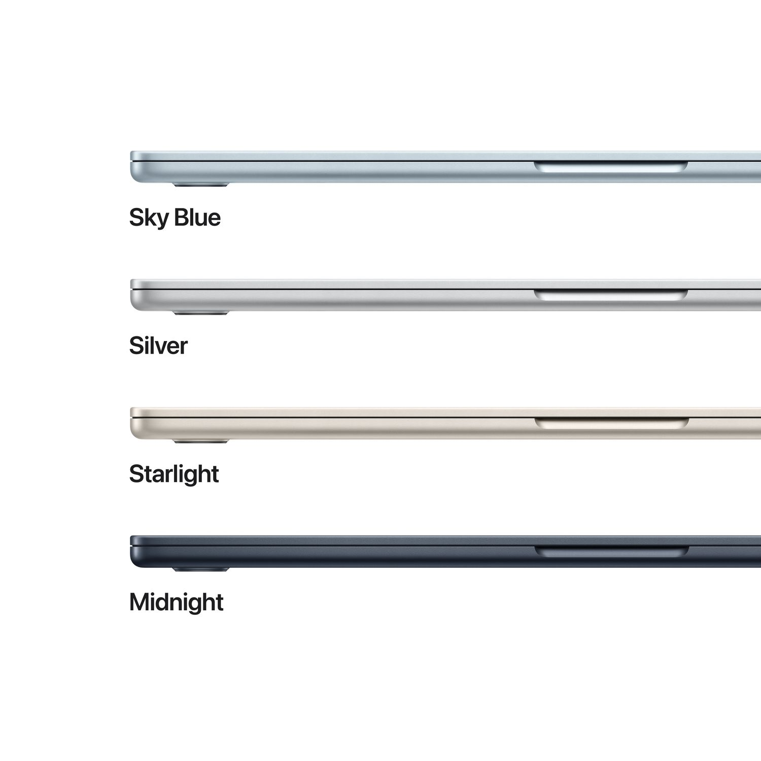 Four laptops in sky blue, silver, starlight, and midnight colors, side by side.