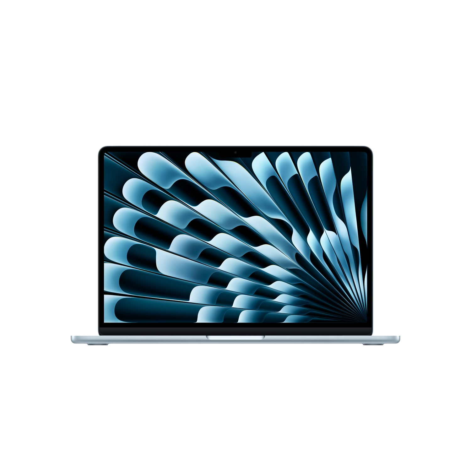 Een zilveren laptop met een blauw, waaierachtig ontwerp op een zwarte achtergrond.