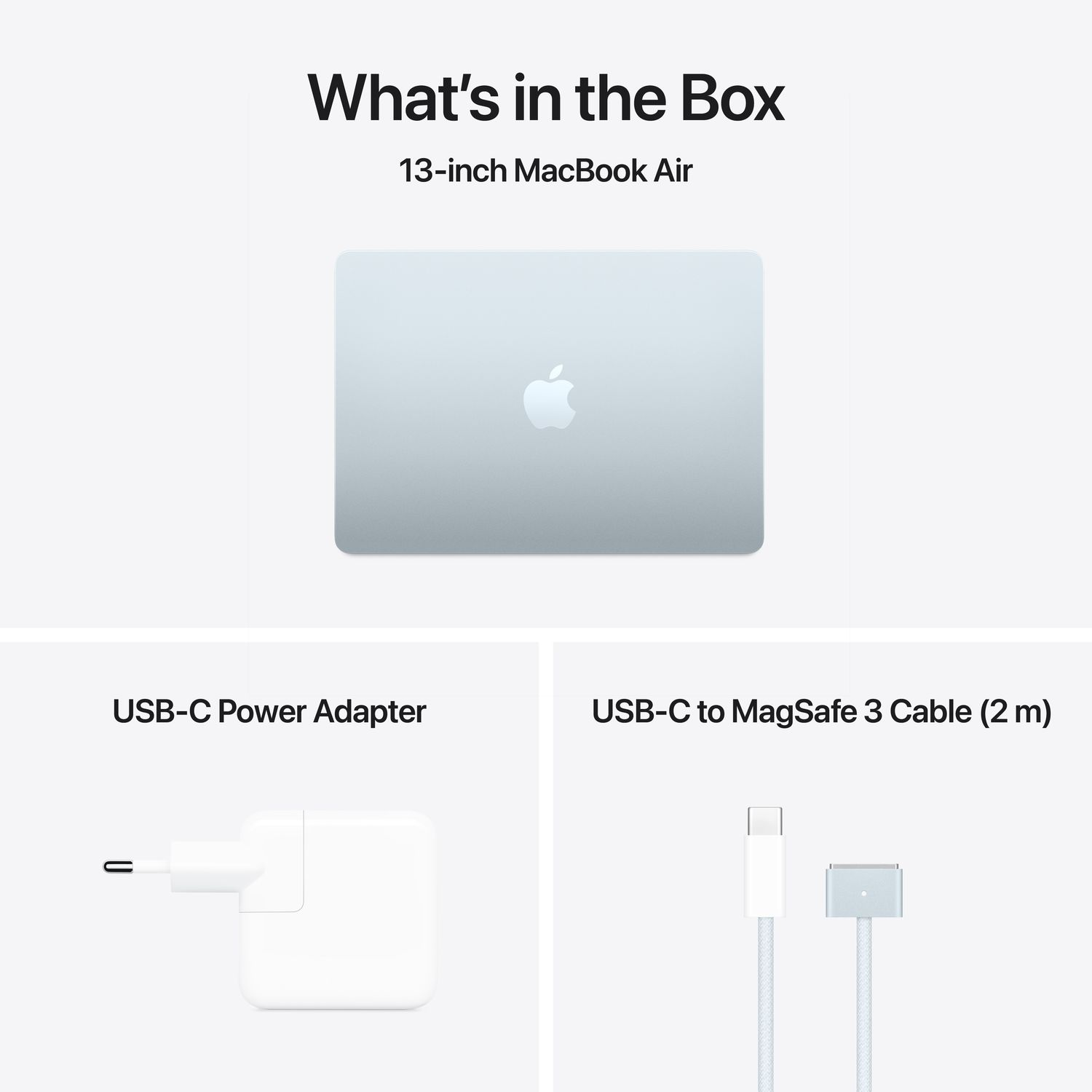 Box contents: MacBook Air, USB-C power adapter, and a USB-C to MagSafe 3 cable.