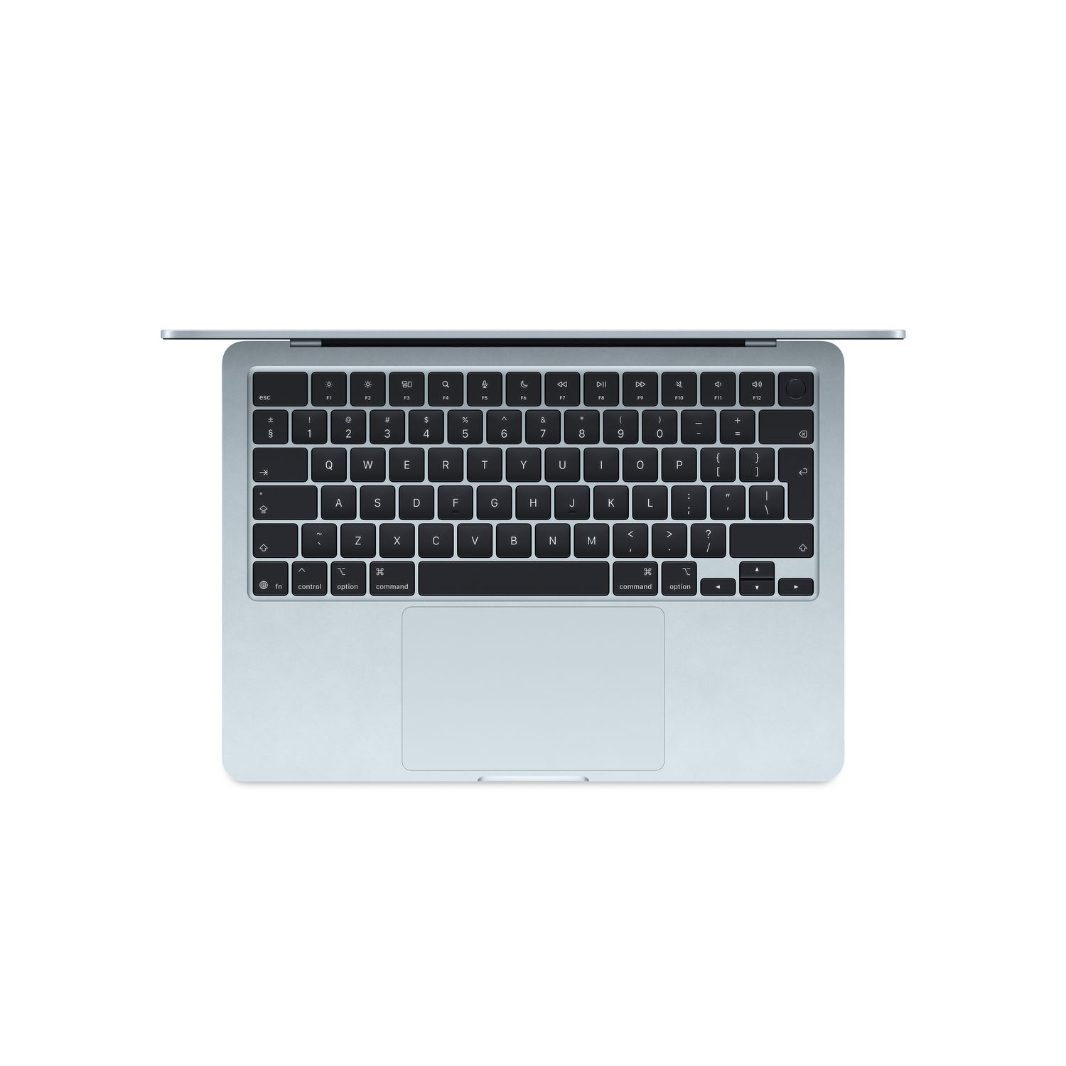 Top view of a silver laptop keyboard on a white background. Black keys and trackpad.