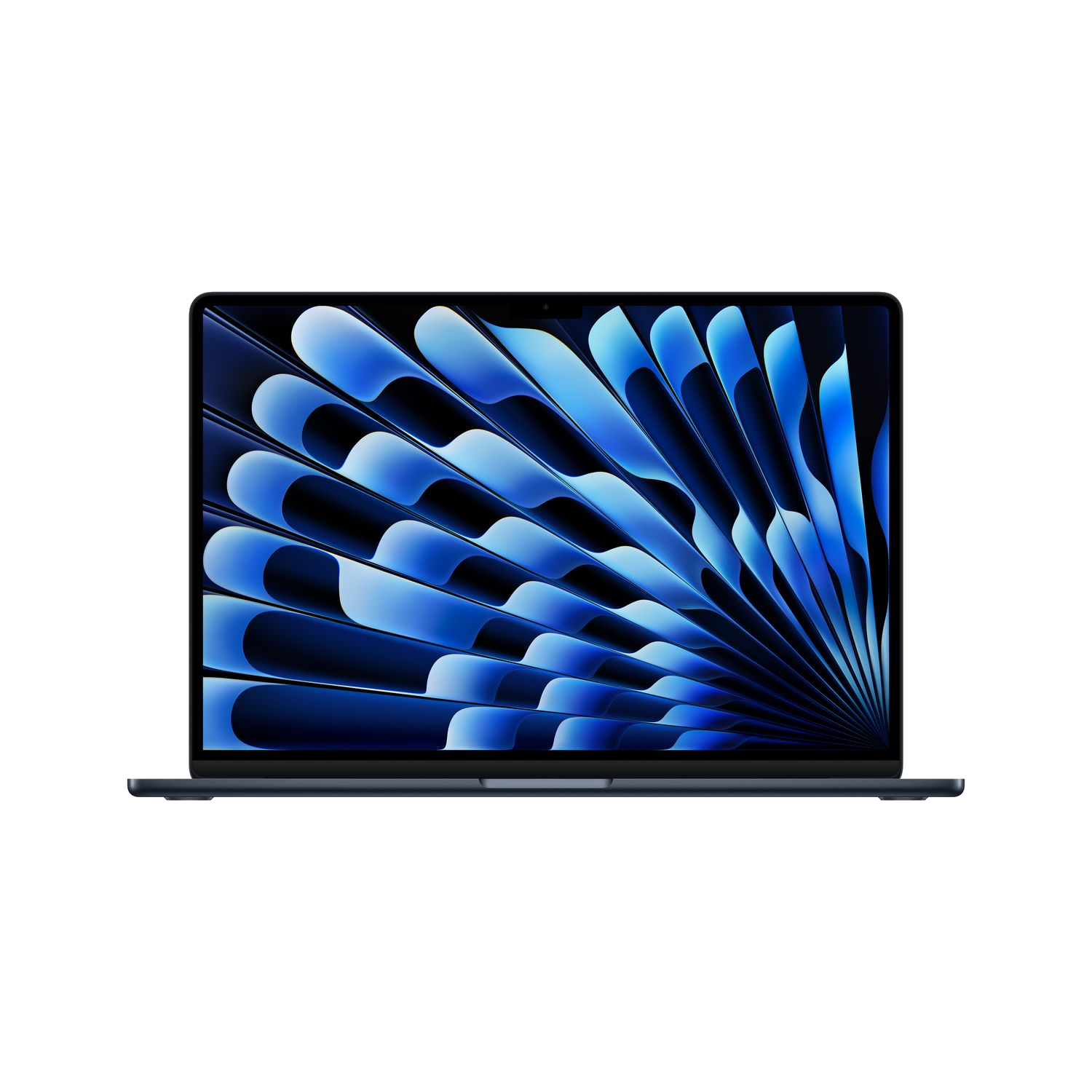 Een donkerblauwe laptop met een blauw waaierontwerp tegen een zwarte achtergrond.