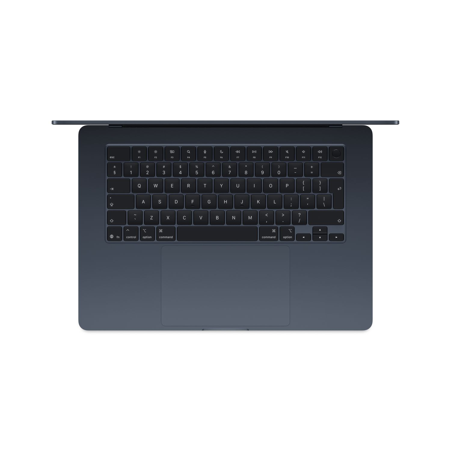 Laptoptoetsenbord, bovenaanzicht, donkere toetsen, met touchpad en de bovenkant open.