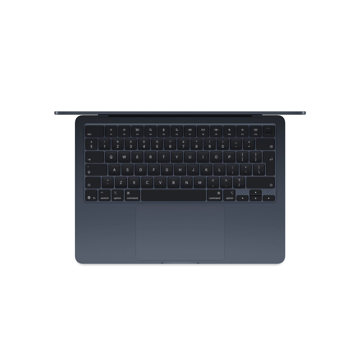 Bovenaanzicht van een donkergrijze laptop met open toetsenbord, op een witte achtergrond.