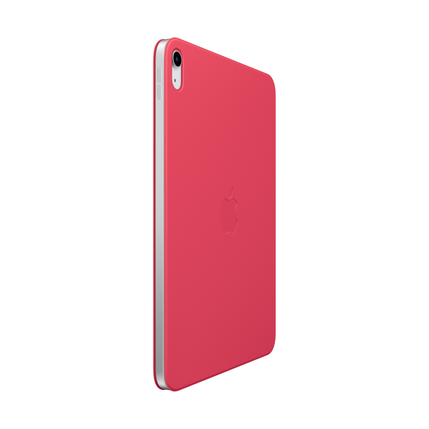 iPad rosso in custodia, vista laterale, logo Apple visibile.