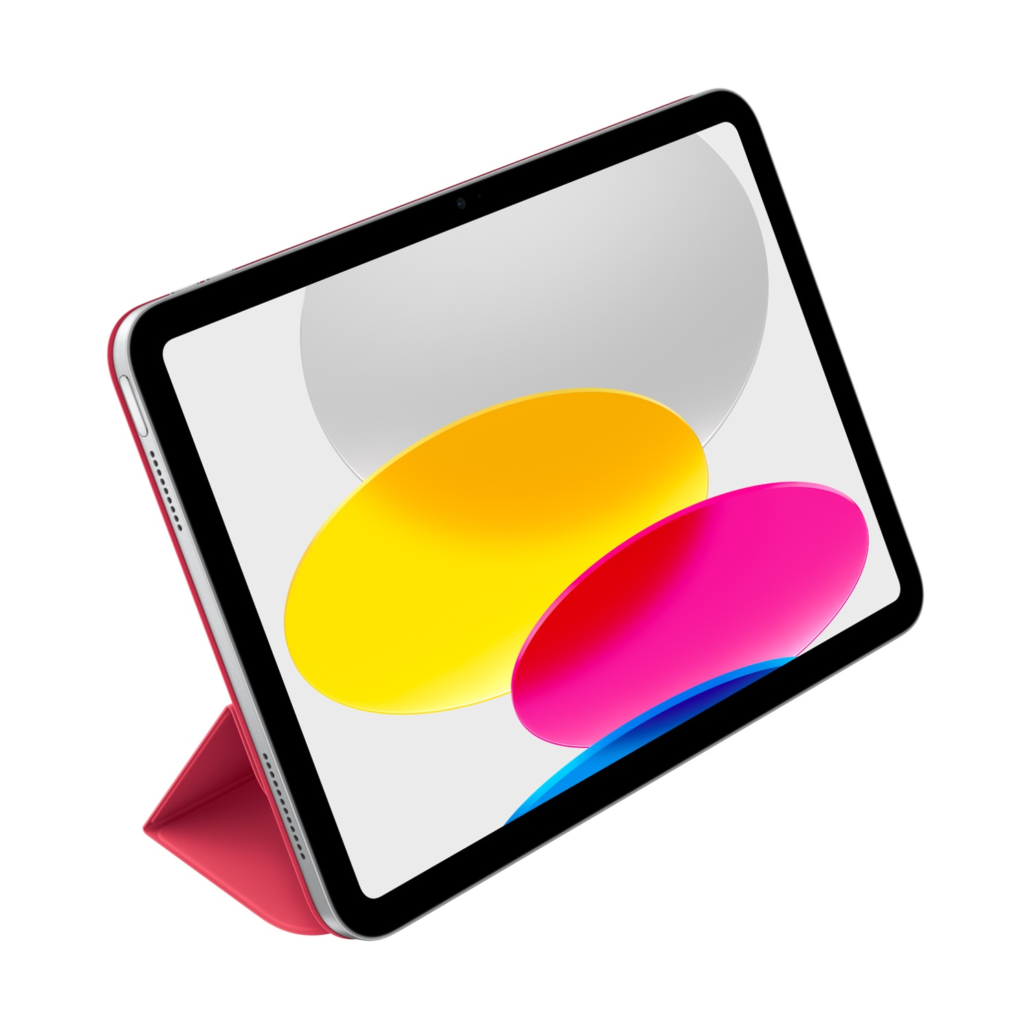 iPad rosso con schermo a colori, in custodia aperta.