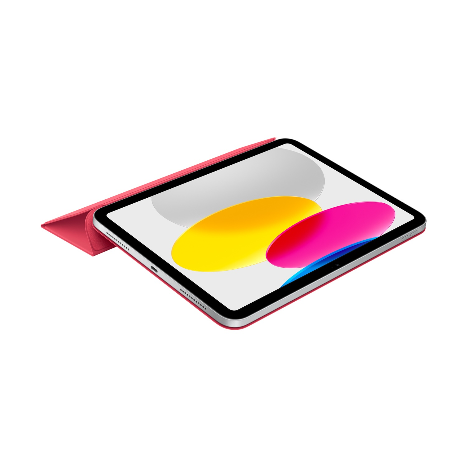 iPad rosso con schermo a colori, parzialmente aperto.