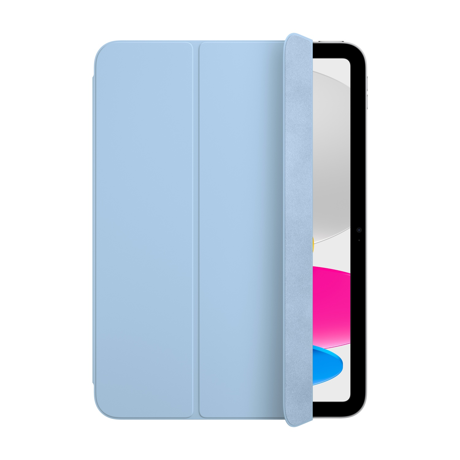 Custodia iPad azzurra aperta, rivela lo schermo.