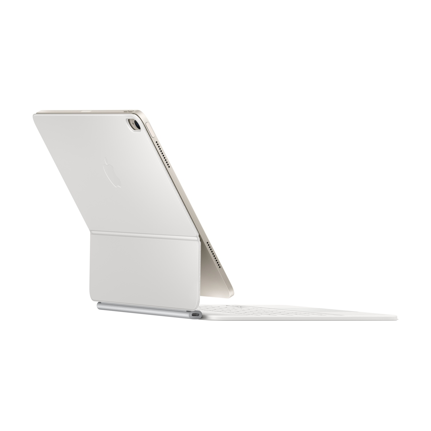 iPad bianco con cover tastiera. Logo Apple visibile. Vista angolata, sfondo bianco.