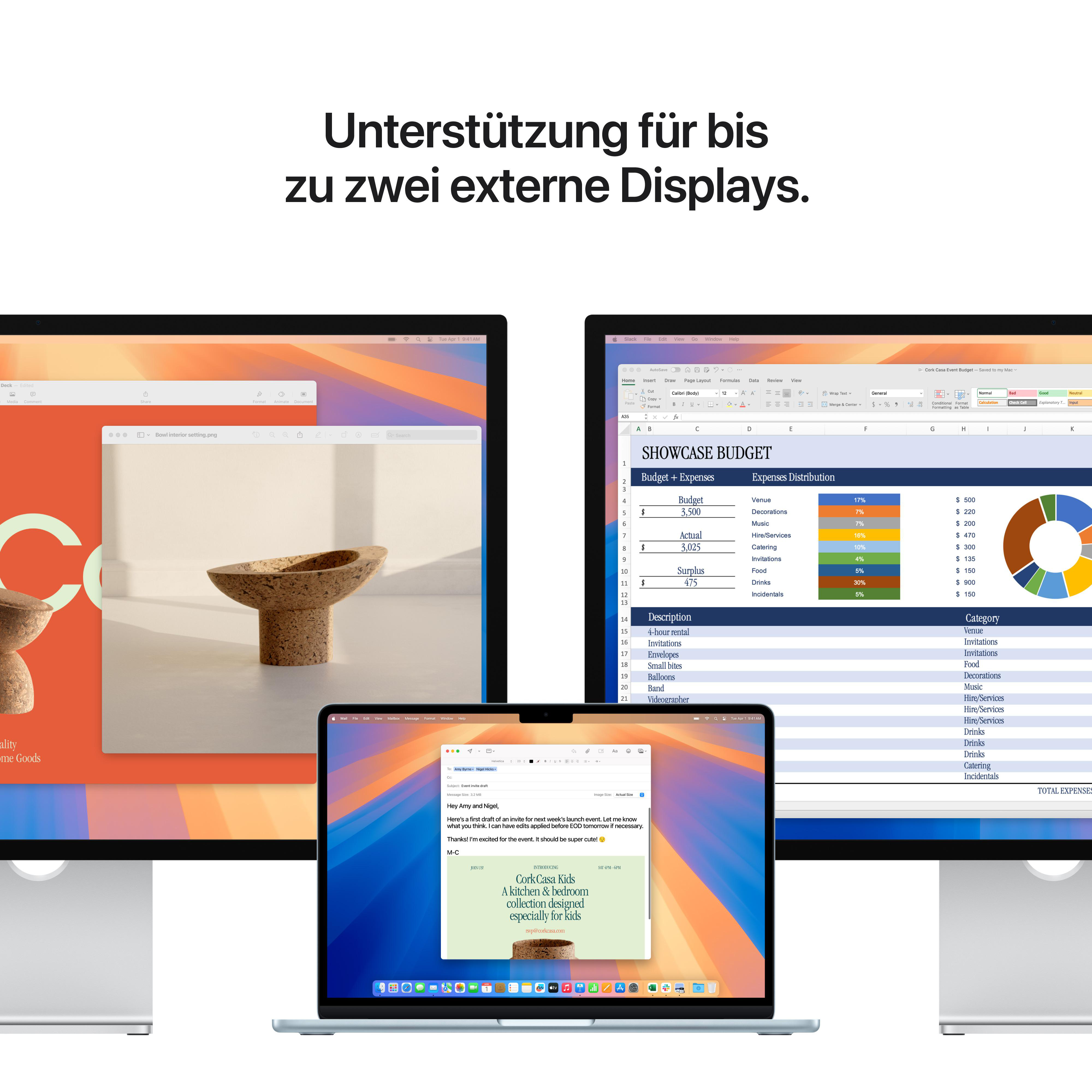 Zwei externe Displays, die an einen Laptop angeschlossen sind. Jedes Display zeigt unterschiedliche Inhalte: eine Webseite und eine Tabelle.
