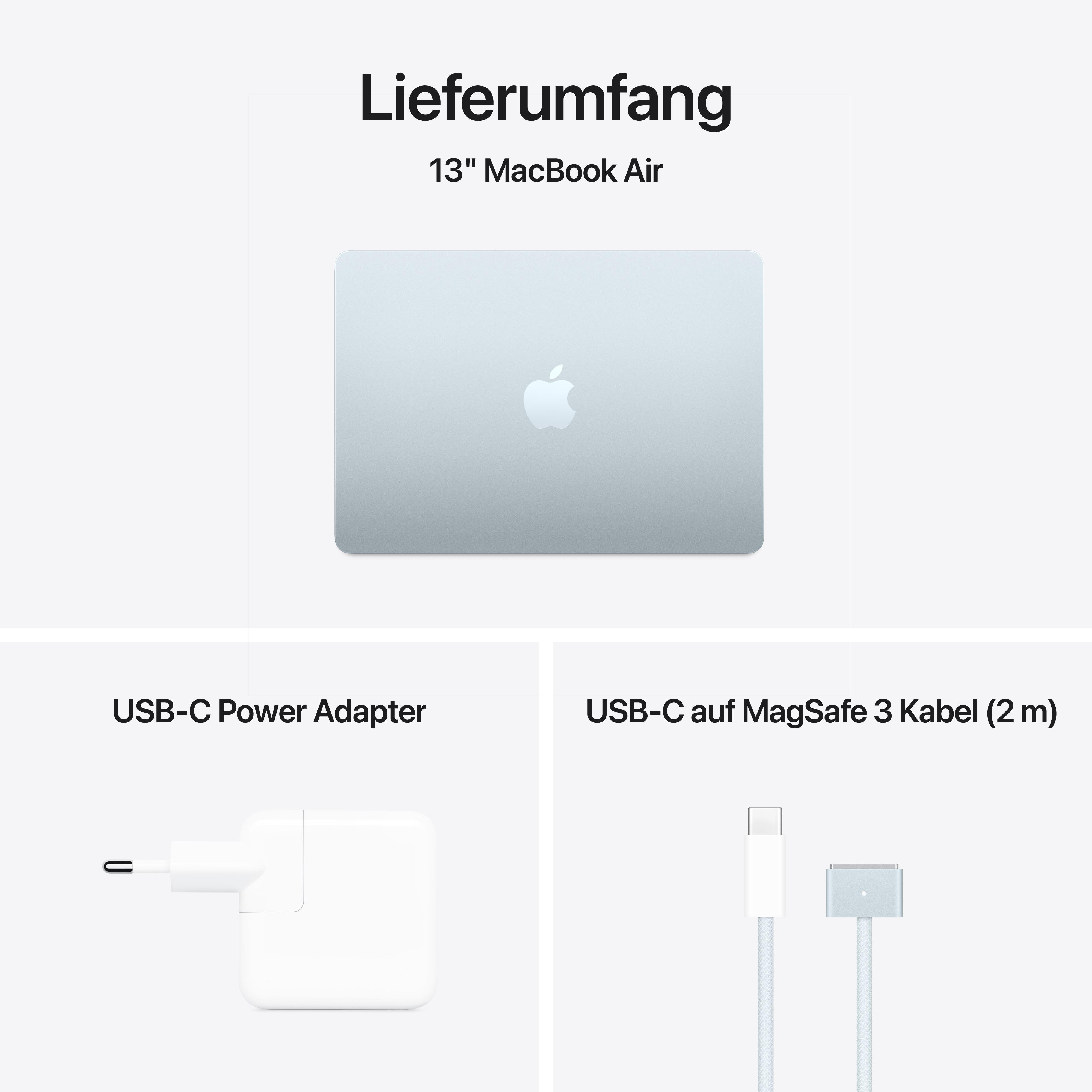 Ein Laptop, ein Netzteil und ein USB-C-zu-MagSafe-Kabel auf weißem Hintergrund.