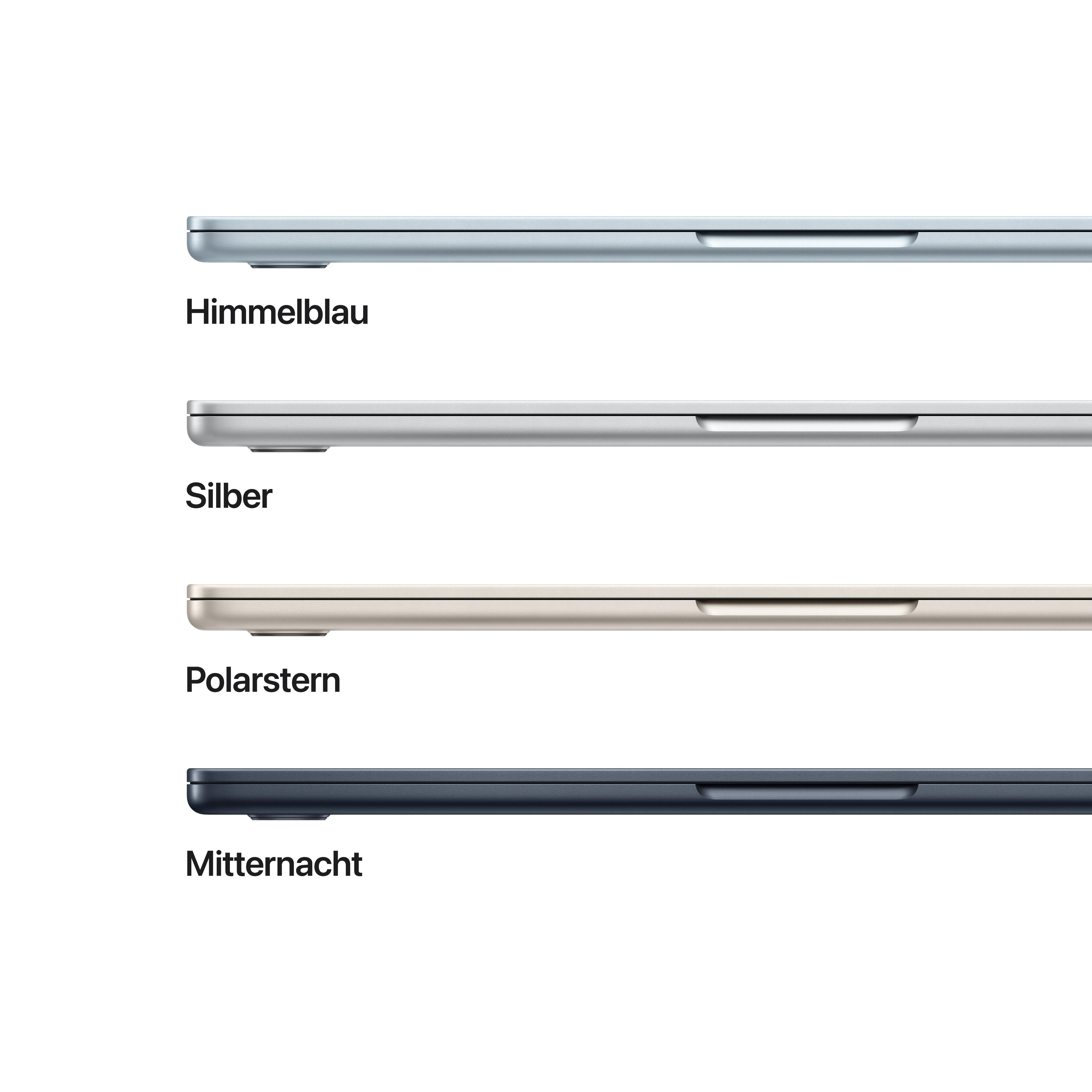 Vier Laptops, jeweils in einer anderen Farbe: hellblau, silber, beige und dunkelblau. Seitenansicht.
