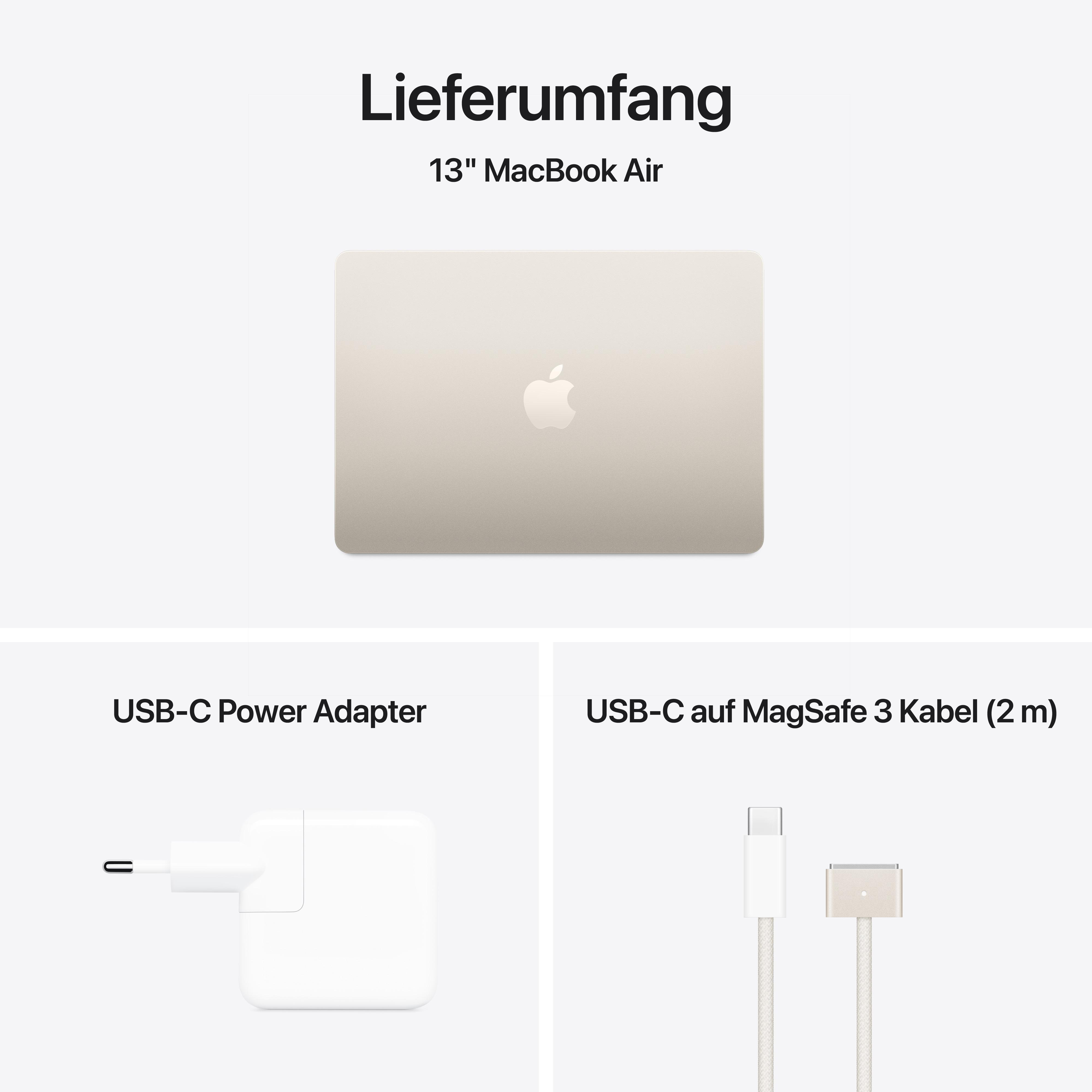 Ein weißes MacBook Air wird mit einem weißen Netzteil und einem weißen USB-C-zu-MagSafe-3-Kabel gezeigt.