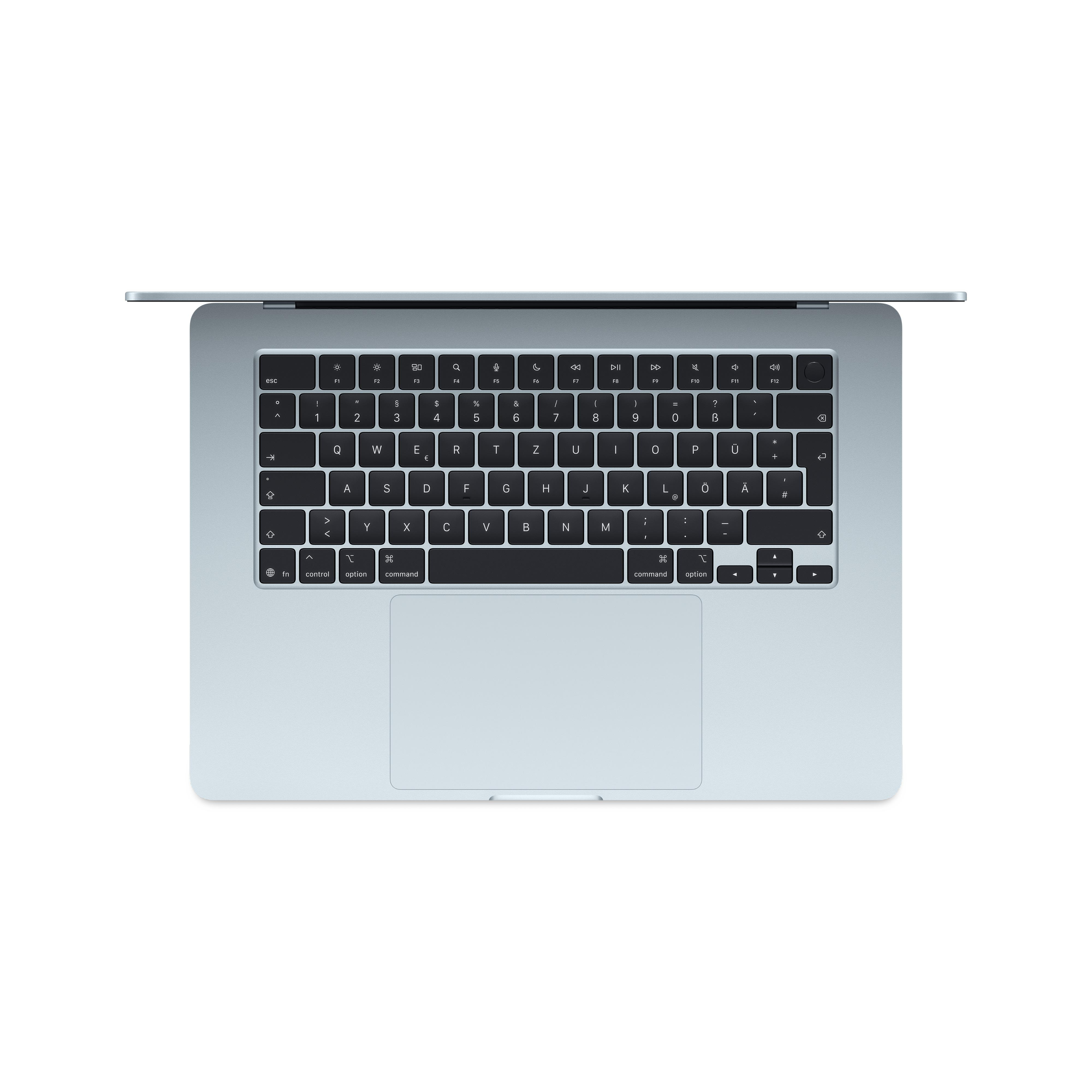 Eine Laptop-Tastatur, geöffnet, mit Tasten und Trackpad.