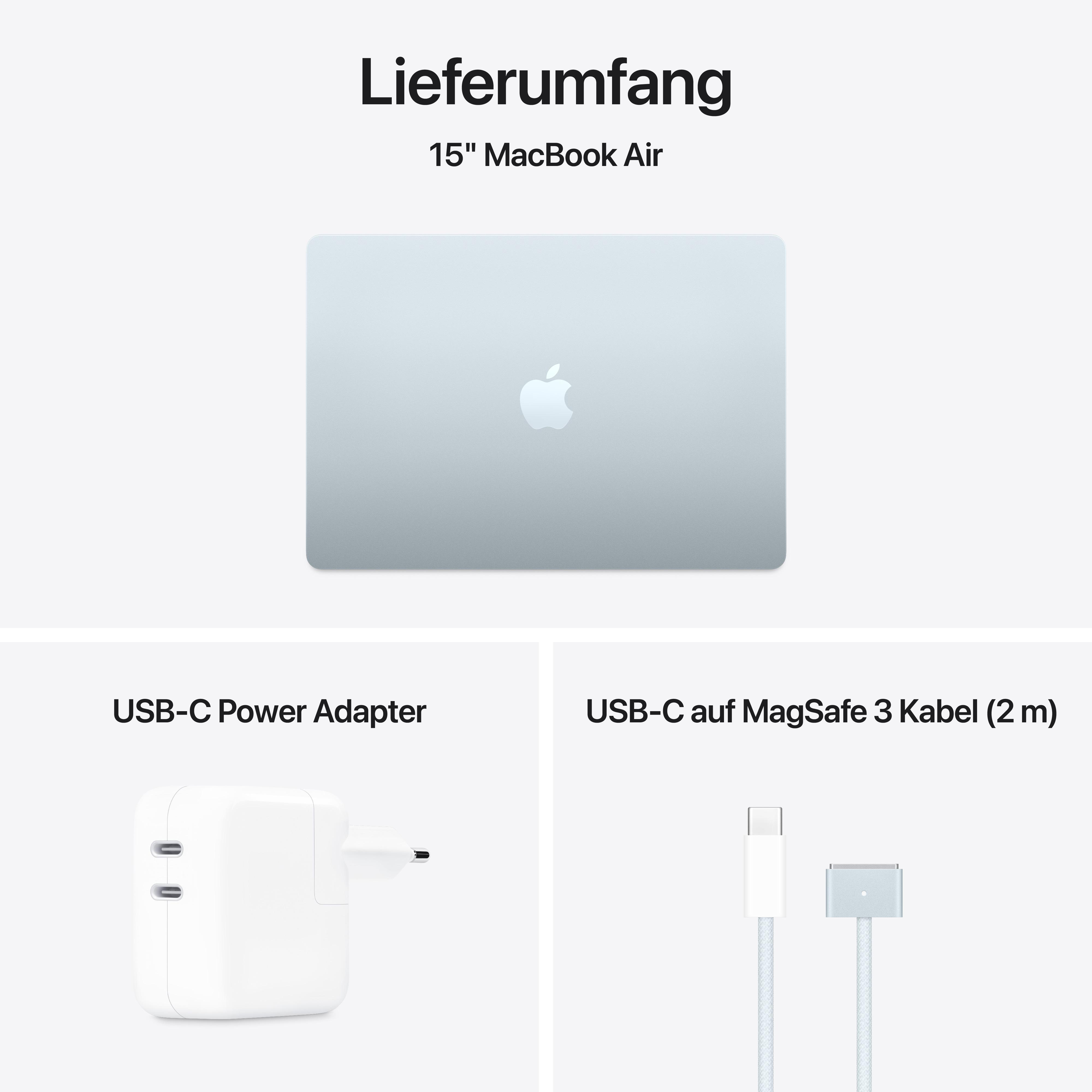 15" MacBook Air, USB-C-Netzteil und ein USB-C-auf-MagSafe-3-Kabel.