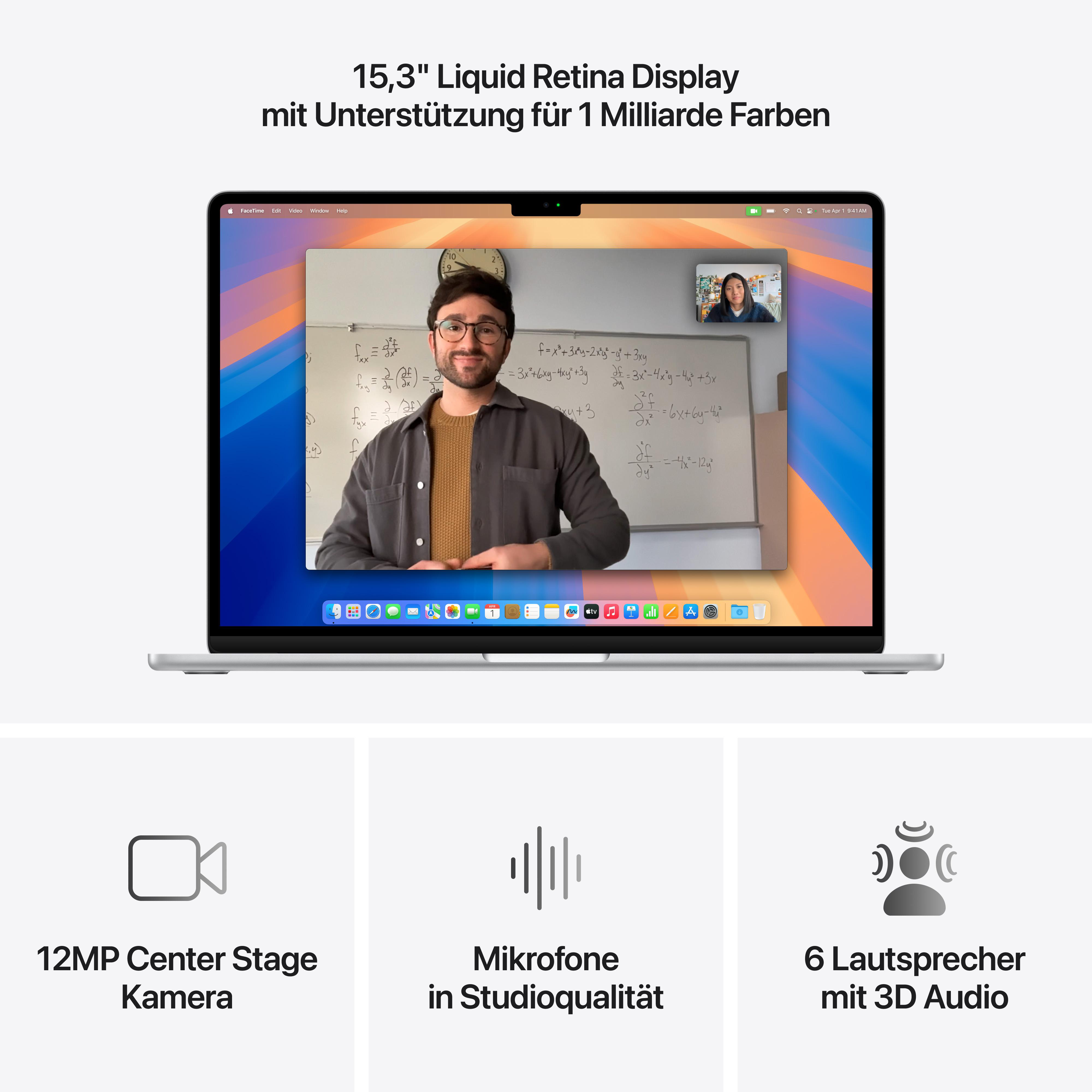 Laptop-Bildschirm mit Videoanruf. Darunter Symbole für Kamera, Mikrofone und Lautsprecher.