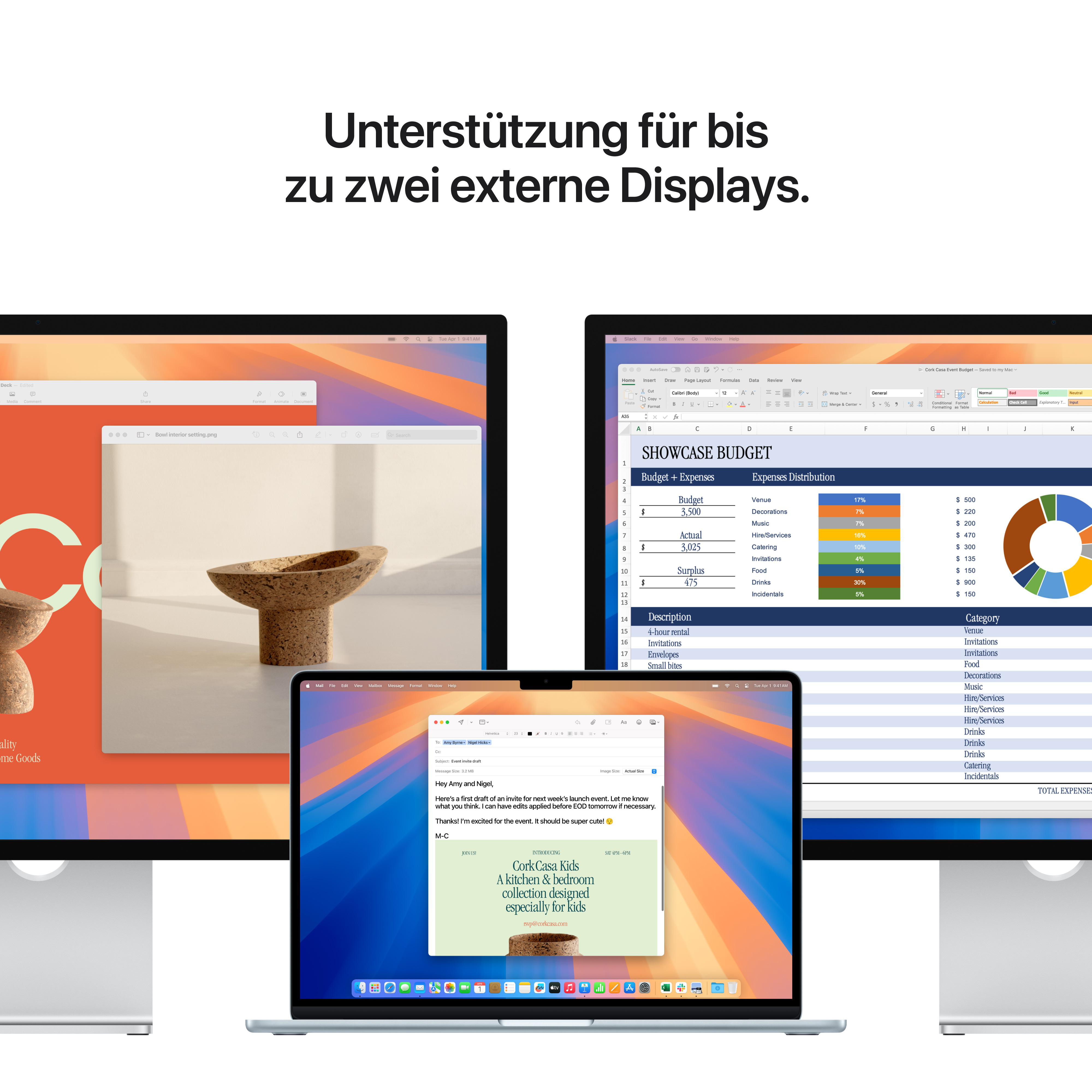 Drei Bildschirme mit unterschiedlichen Inhalten. Zwei große Displays an den Seiten und ein Laptop in der Mitte.