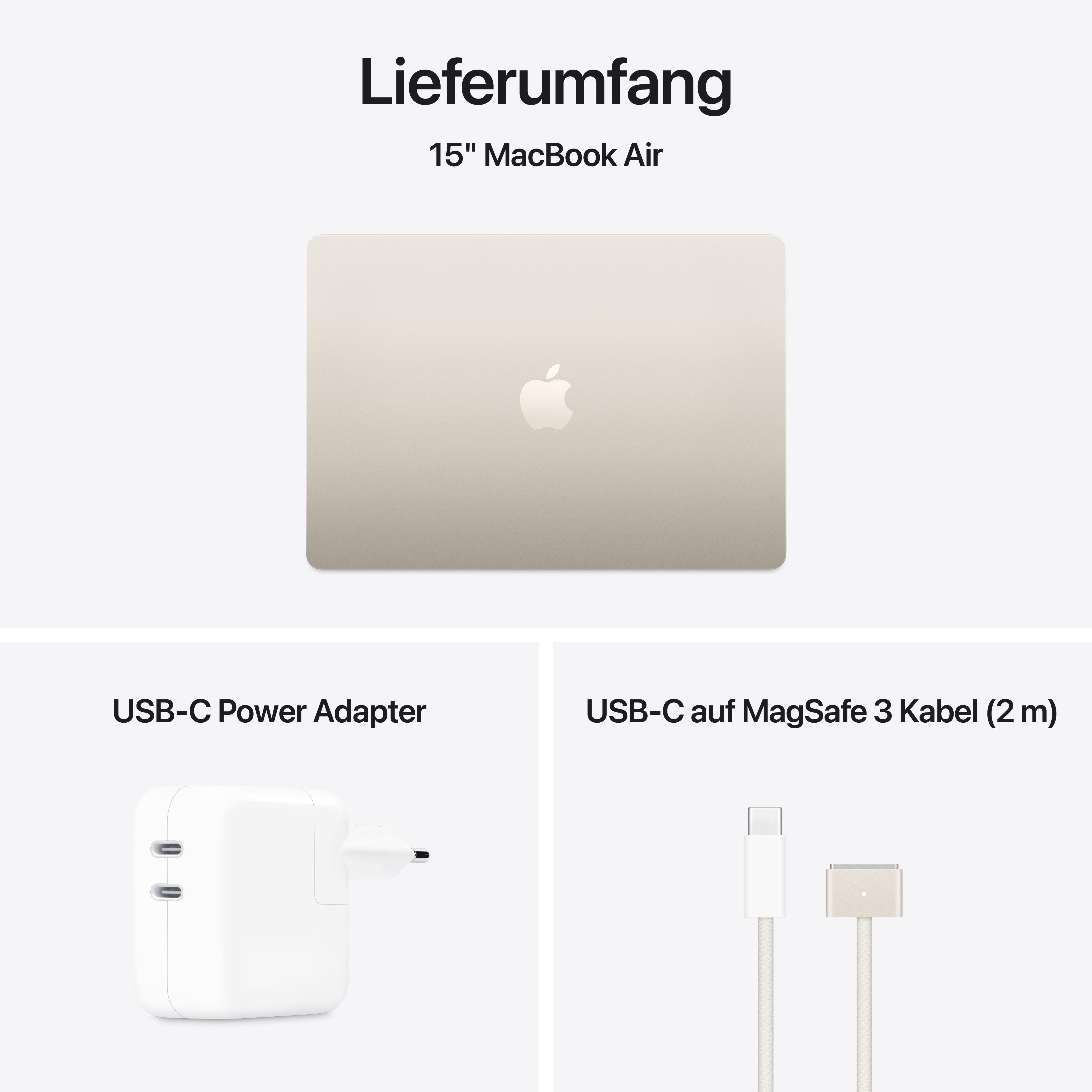 Draufsicht auf ein goldenes MacBook Air mit Ladegerät und einem USB-C-Kabel mit MagSafe-Anschluss.
