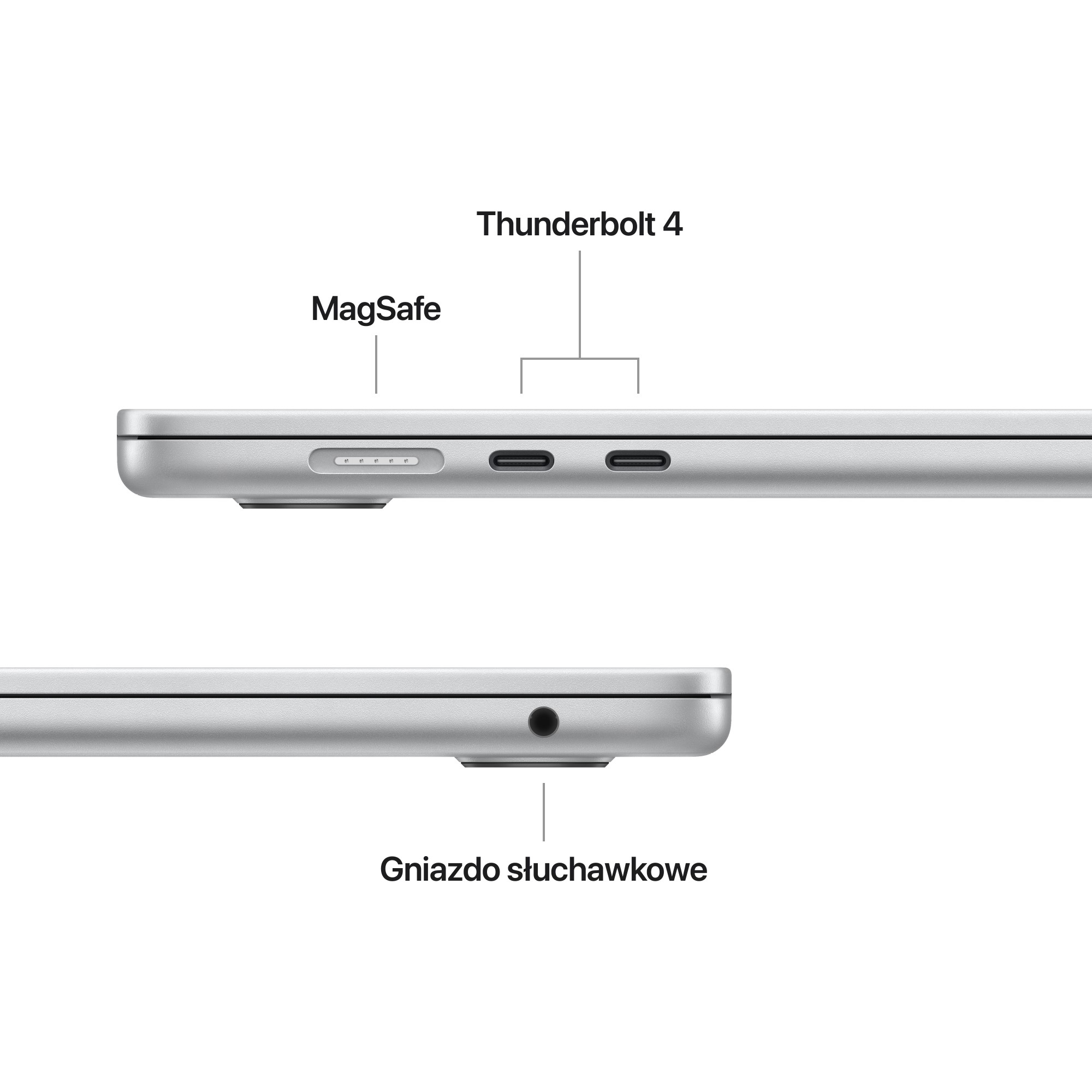 Zbliżenie portów laptopa: Thunderbolt 4, MagSafe i gniazdo słuchawkowe.